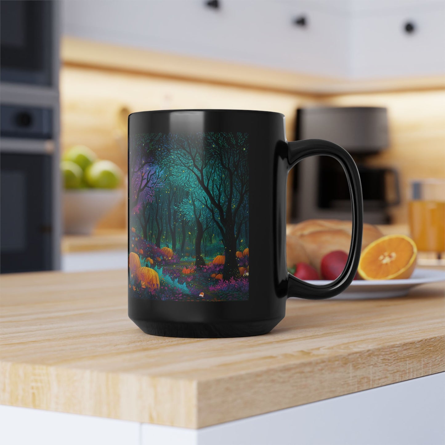 Black Mug with Enchanted Magical Forest, Halloween Coffee Cup, Spooky Autumn Drinkware, 11oz and 15oz