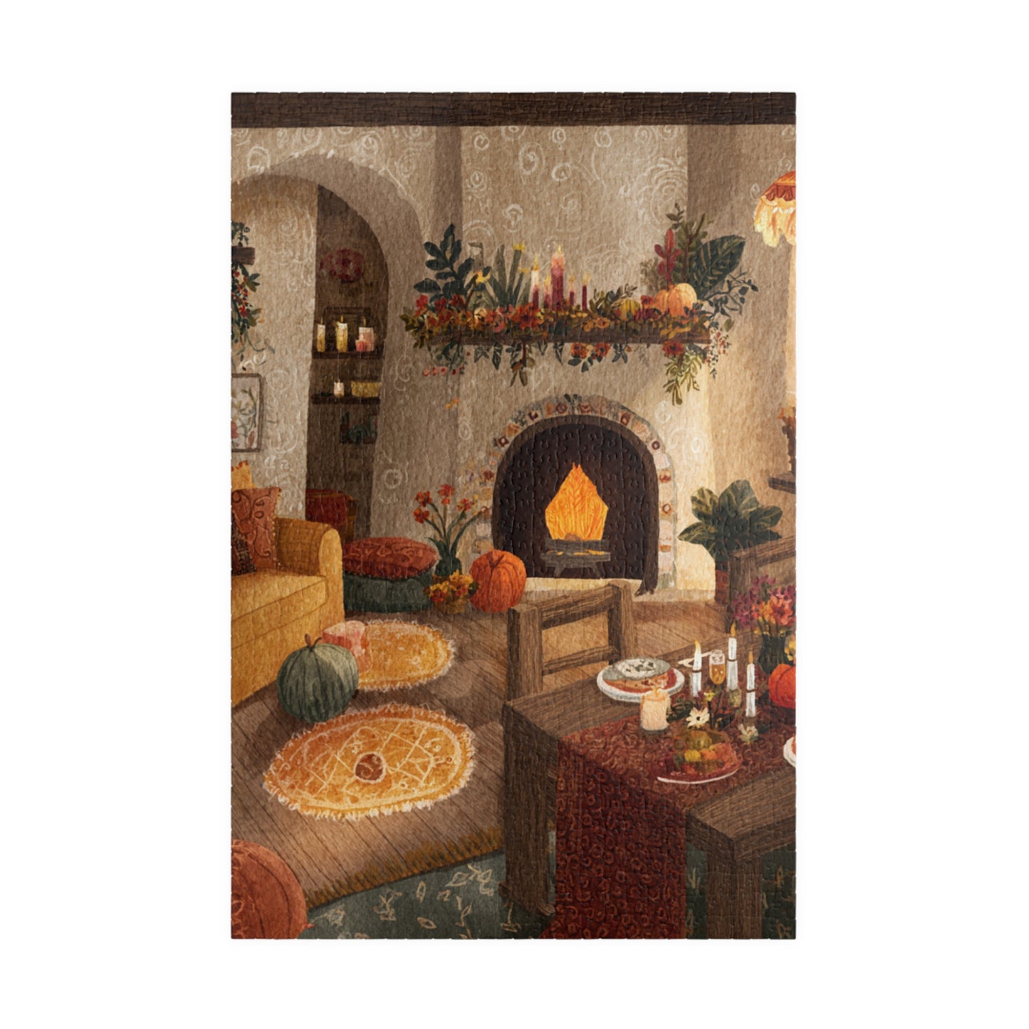 Autumn Cozy Living Room Puzzle | Glowing Fireplace Fall Decor | Cozy Seasonal Jigsaw Gift | Jazz N’ Coffee Puzzles
