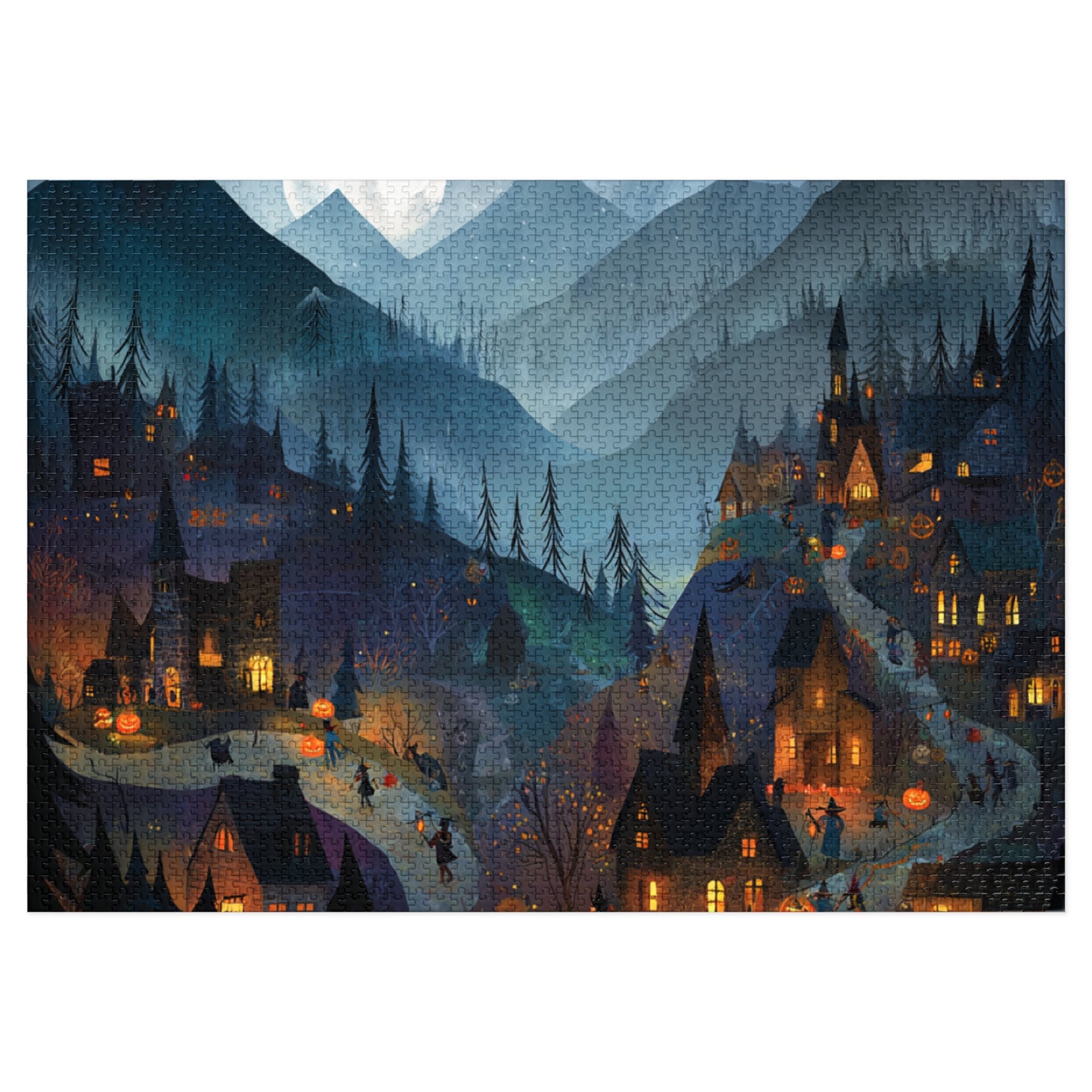 Haunted Mountain Town Puzzle, Spooky Halloween Streets and Eerie Nightscape Jigsaw Puzzle with Tin, Halloween Puzzle