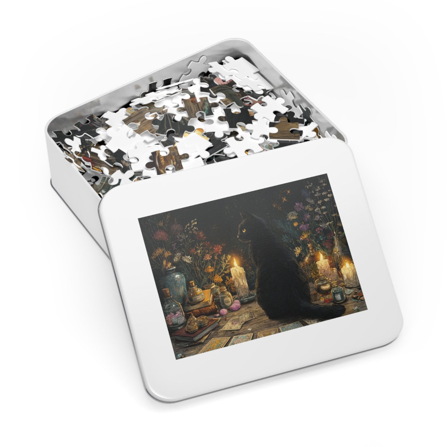 Mystical Black Cat Puzzle,  Enchanted Tarot, Candles & Herbs Jigsaw Puzzle in Gift Tin - Mystical Vibes, Halloween Gift. Gothic Gift
