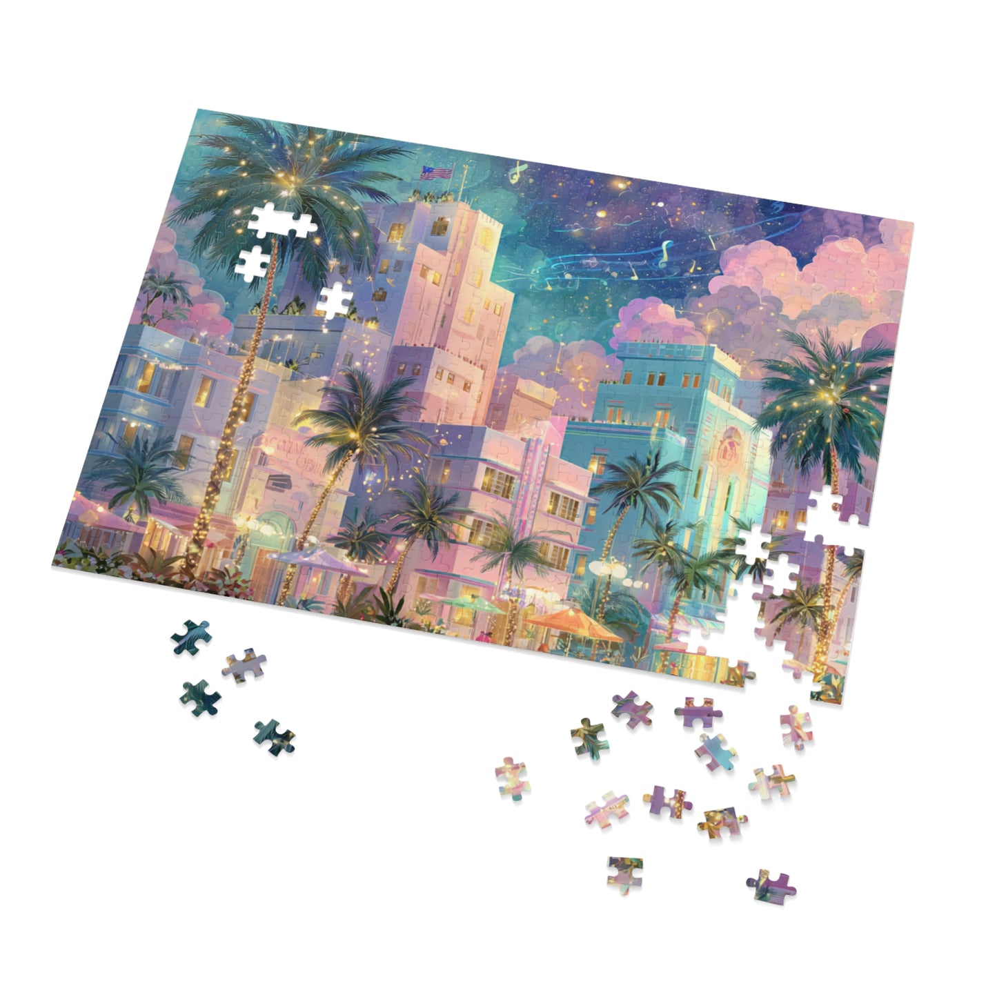 Whimsical Miami Puzzle – Colorful Tropical Cityscape-Jigsaw Puzzle with Tin