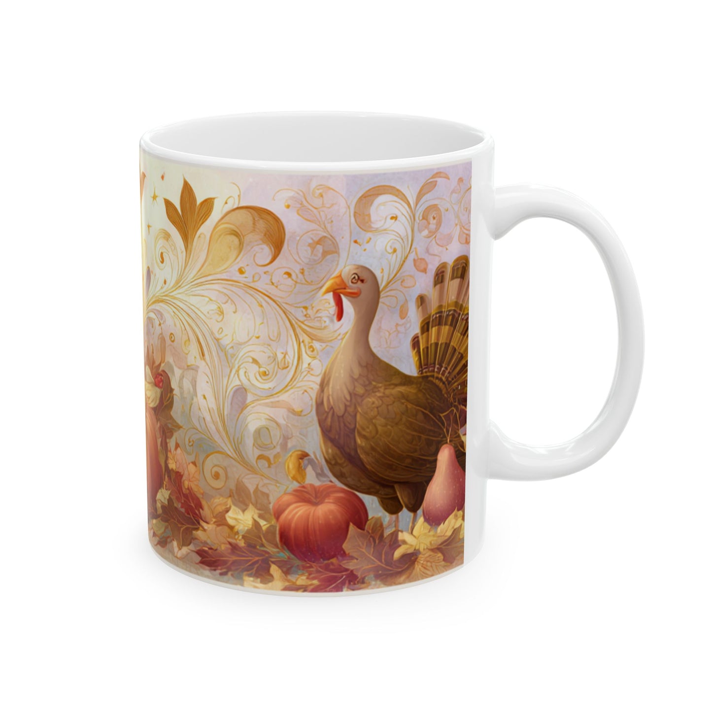 Whimsical Thanksgiving Mug, Pumpkin & Turkey Design, Autumn Coffee Cup, Festive Fall Decor, Harvest Gift, 11 oz and 15 oz Mugs