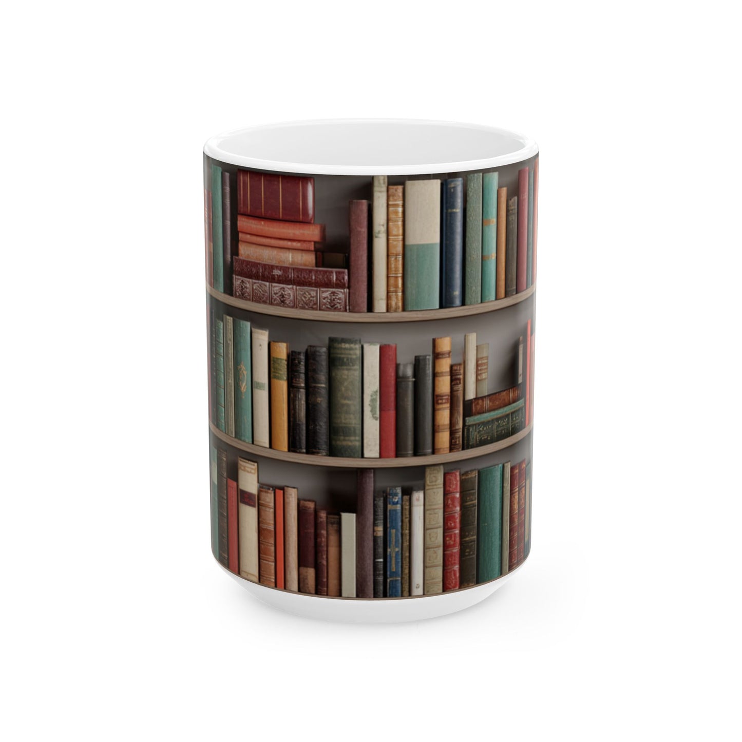 Book Lover Ceramic Mug — Vintage Bookshelf Coffee Cup (11oz & 15oz)