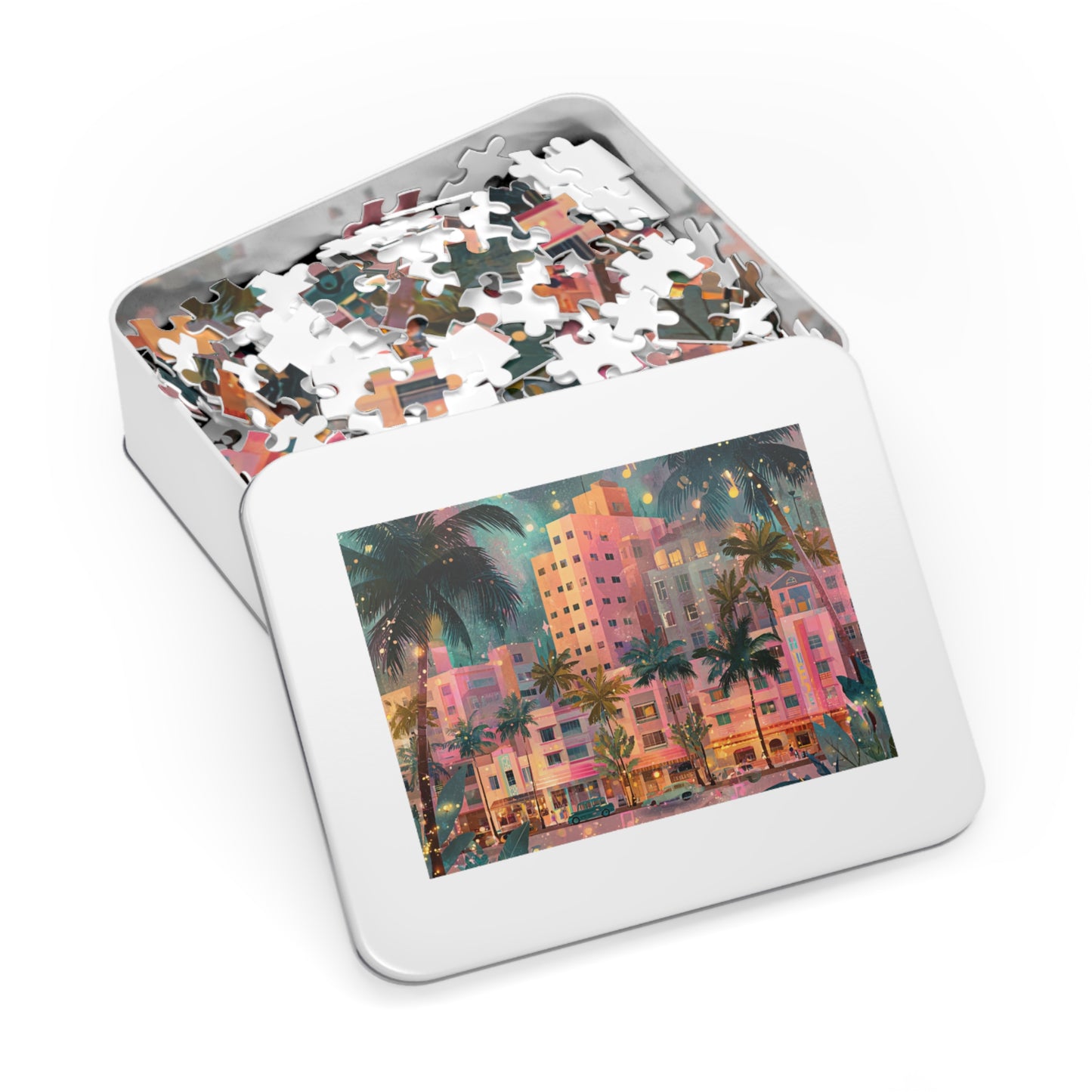 Whimsical Pastel Miami Puzzle – A Dreamy Tropical Escape-Jigsaw Puzzle with Tin