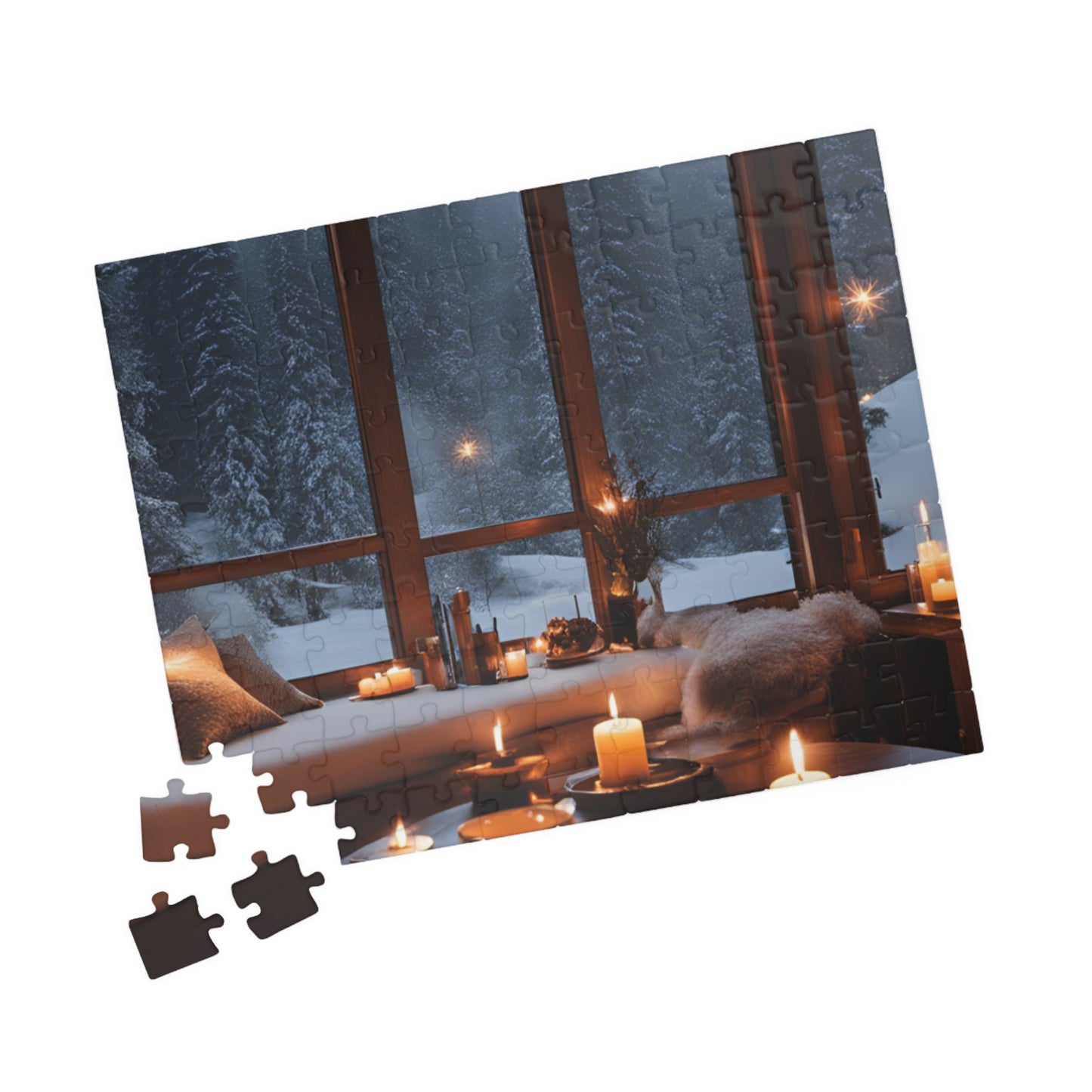 Snowy Night Retreat- Puzzle of a Cozy Living Room with Firelight and Hot Coffee
