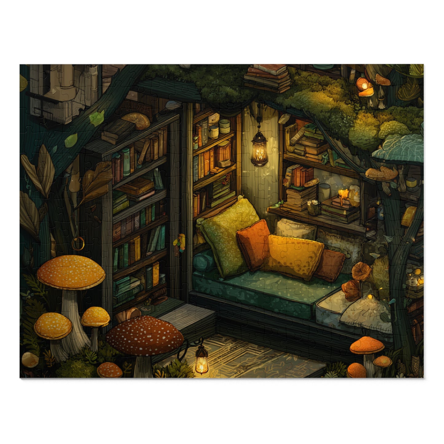 Cozy Mushroom Reading Nook Jigsaw Puzzle with Tin