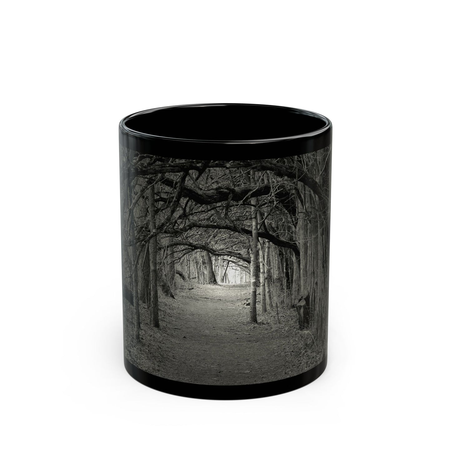 Black Ceramic Mug — Gothic Moody Forest Tunnel Photography (11oz & 15oz)