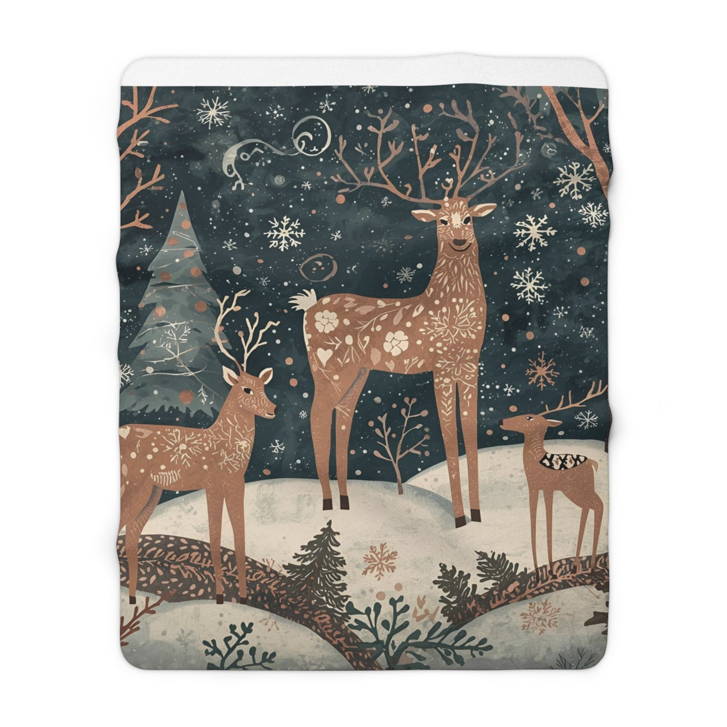 Whimsical Deer Sherpa Fleece Blanket | Winter Deer, Snowflake & Pine Tree Throw | Cozy Woodland Blanket Gift | Soft Plush Warm Winter Decor