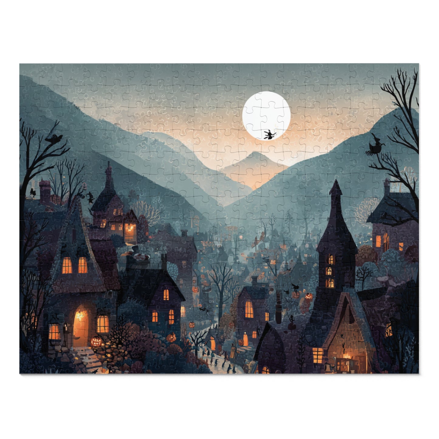 Witchs Coven Village Puzzle, Spooky Halloween Homes, Puzzle with Tin, Halloween Puzzle