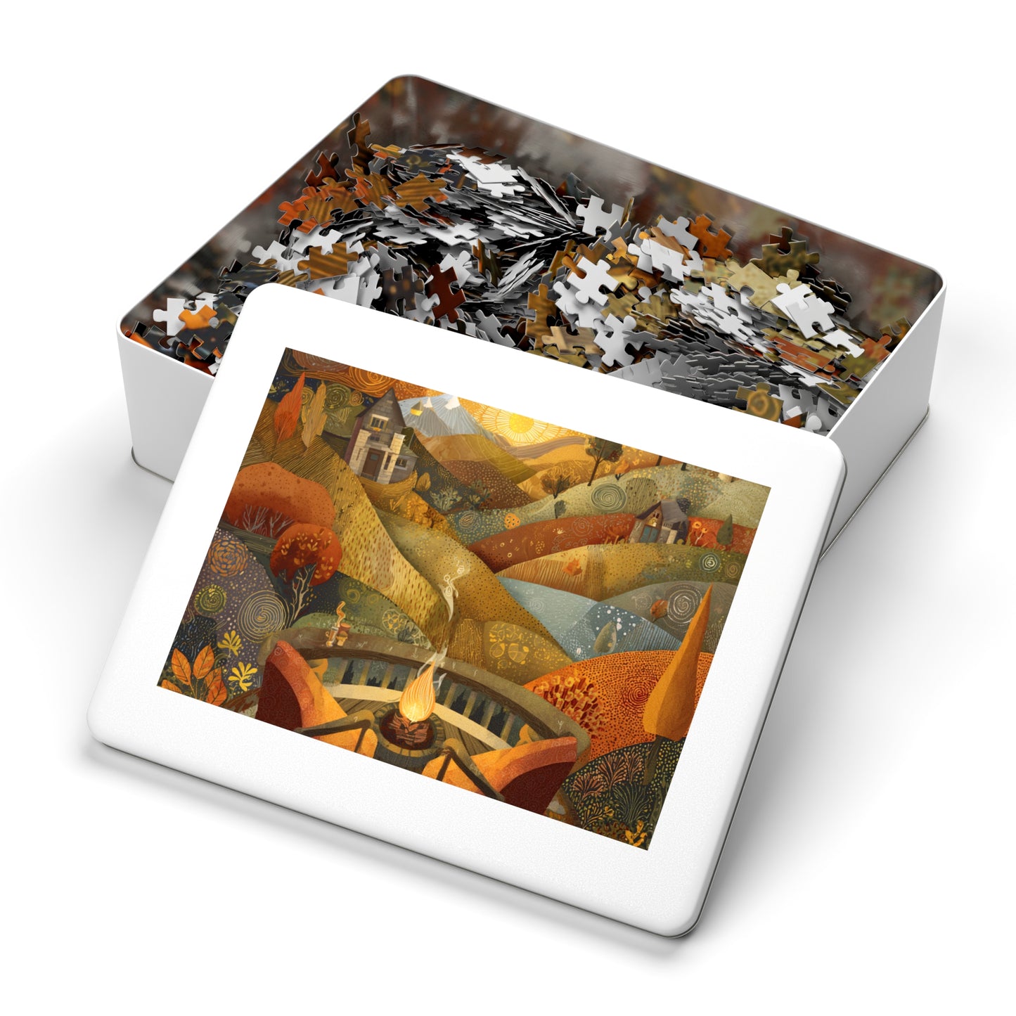 Autumn Fireside Puzzle — 500-Piece Scenic Jigsaw with Tin