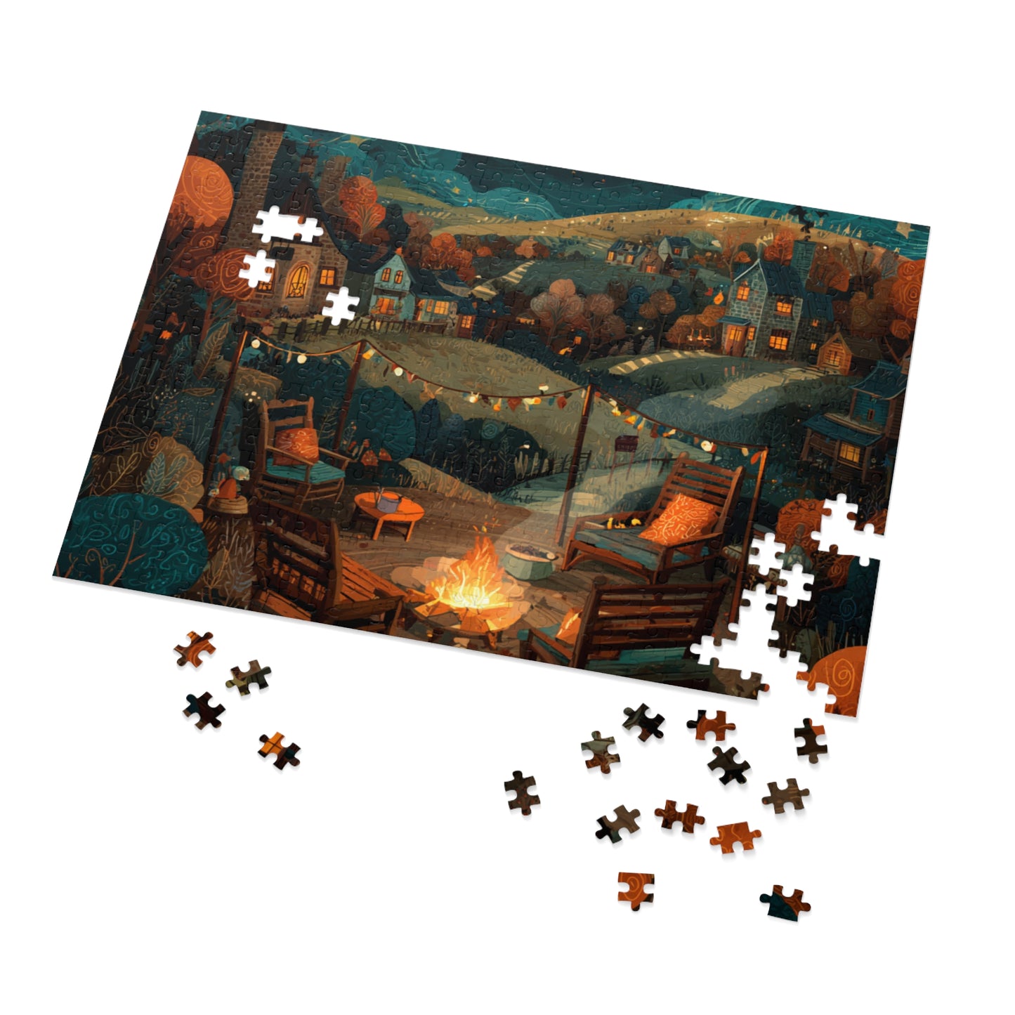 Cozy Campfire Village Jigsaw Puzzle with Tin — 500pc Scenic Nighttime Puzzle