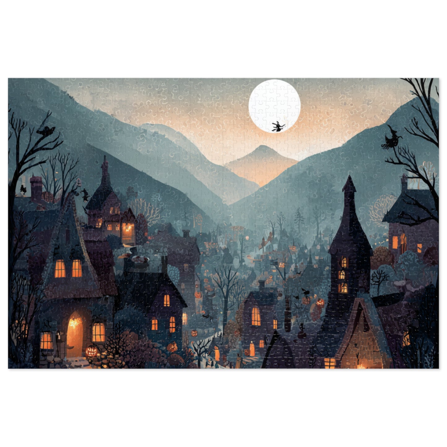 Witchs Coven Village Puzzle, Spooky Halloween Homes, Puzzle with Tin, Halloween Puzzle