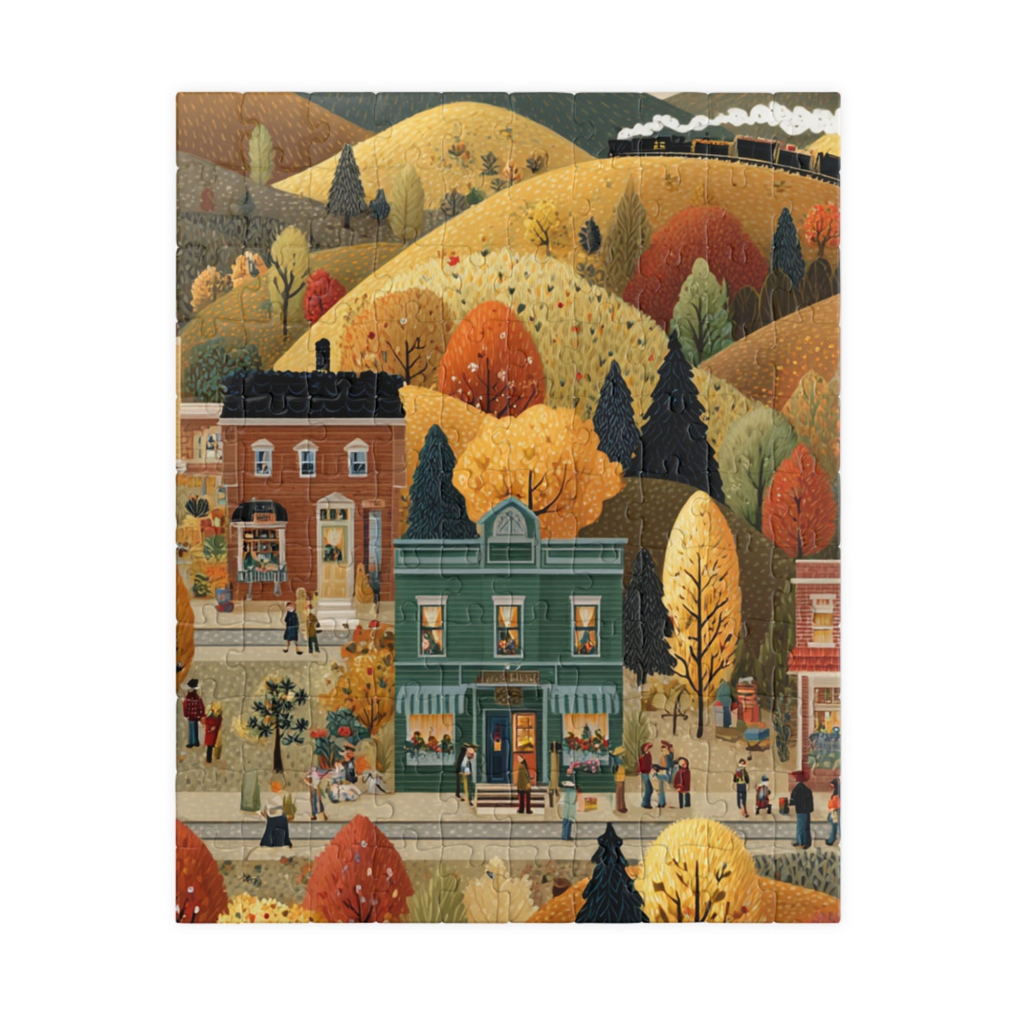 Whispering Pines Village Puzzle | Autumn Mountain Countryside Scene | Cozy Fall Jigsaw Gift | Jazz N’ Coffee Puzzles