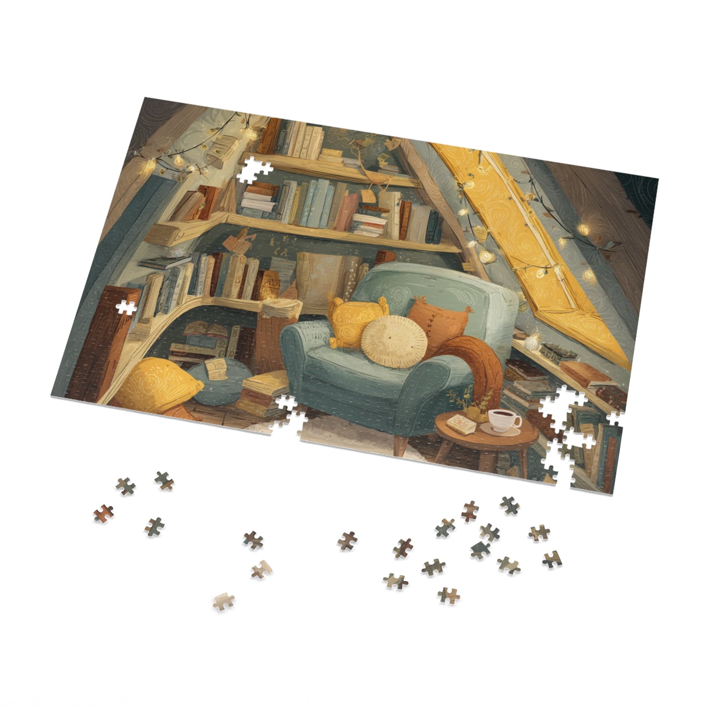 Cozy Reading Nook Jigsaw Puzzle (with Tin) — Warm Attic Books & Tea Scene