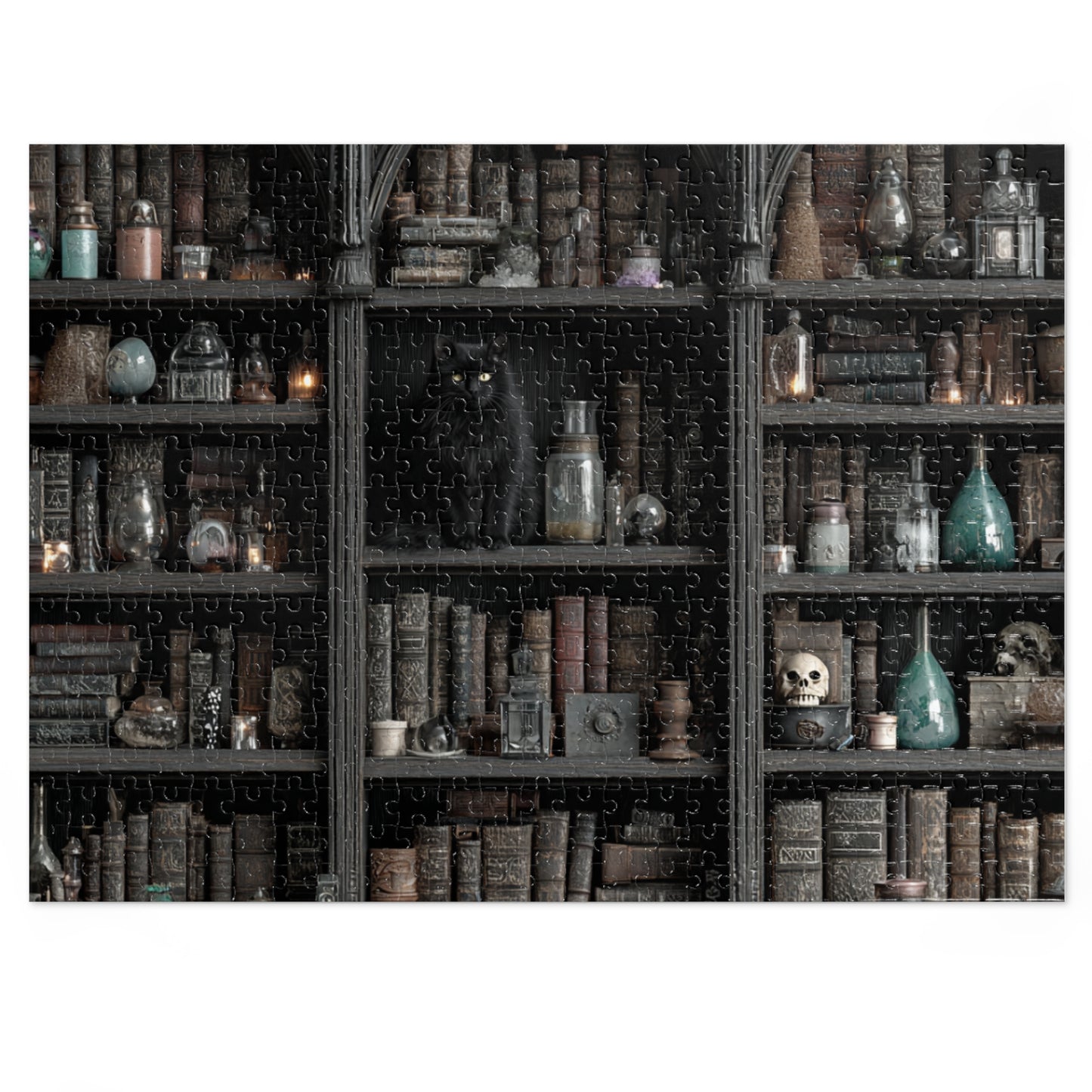 Witchs Shadowy Library Puzzle with a Black Cat, Spellbooks and Enchanted Tomes, Jigsaw Puzzle with tin,  Halloween Gift Idea