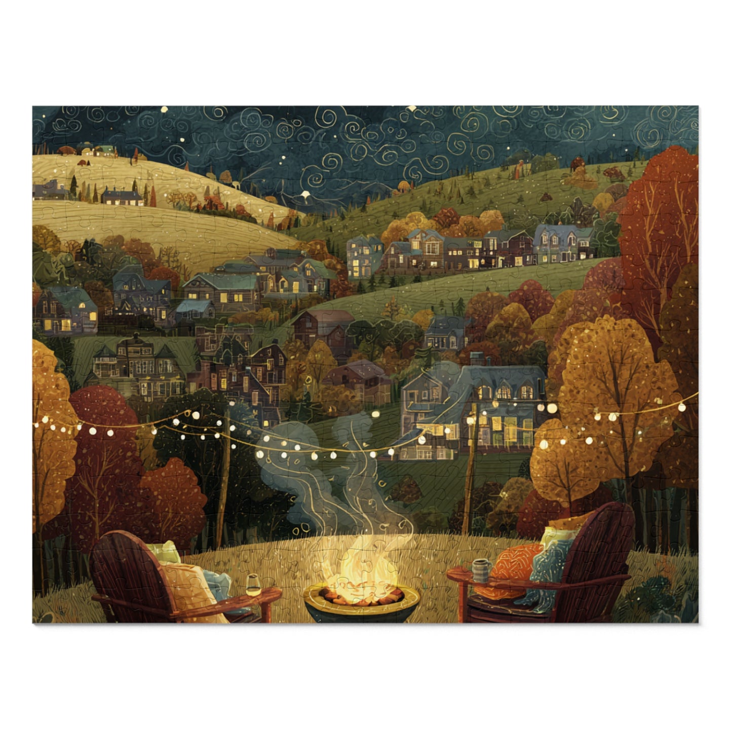 Cozy Hillside Evening Jigsaw Puzzle with Tin — Scenic Campfire Village Puzzle