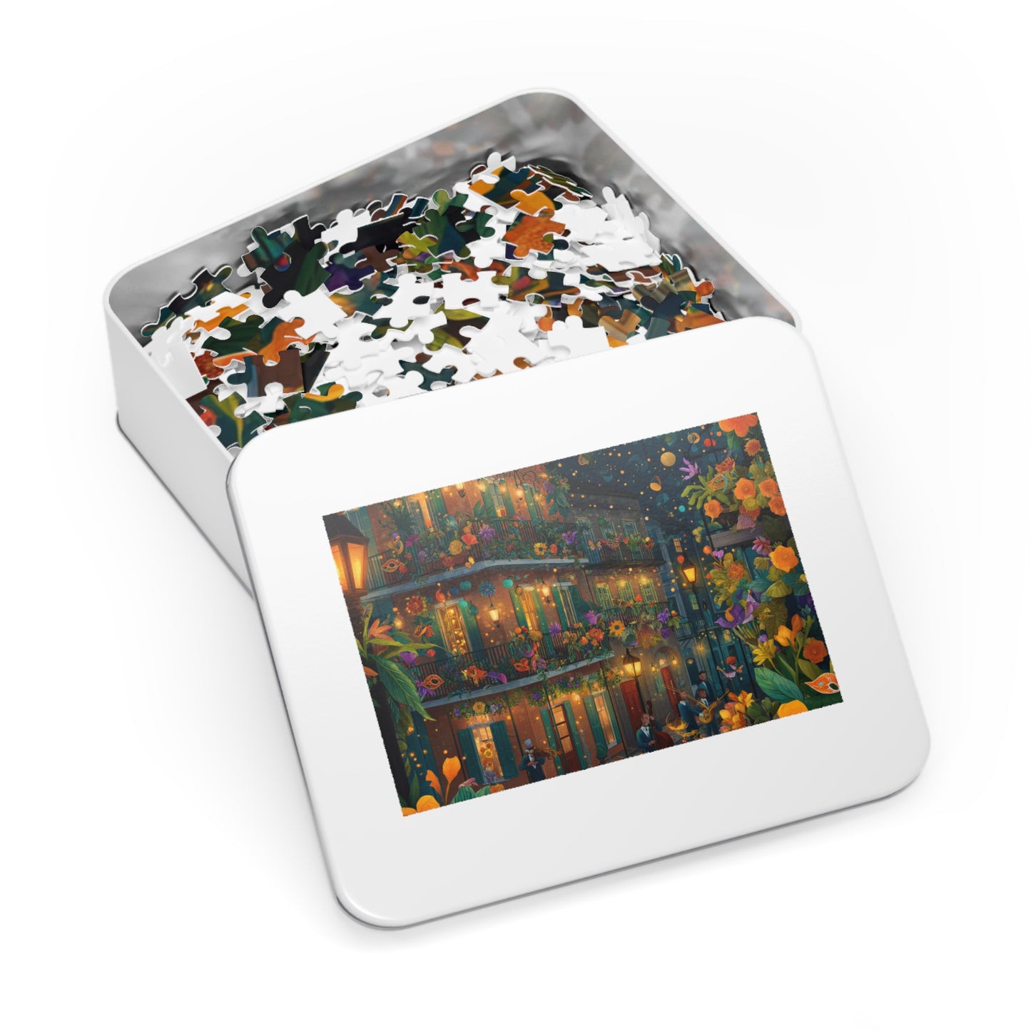 Whimsical New Orleans Jazz Puzzle – A Colorful Night in the Crescent City Jigsaw Puzzle with Tin