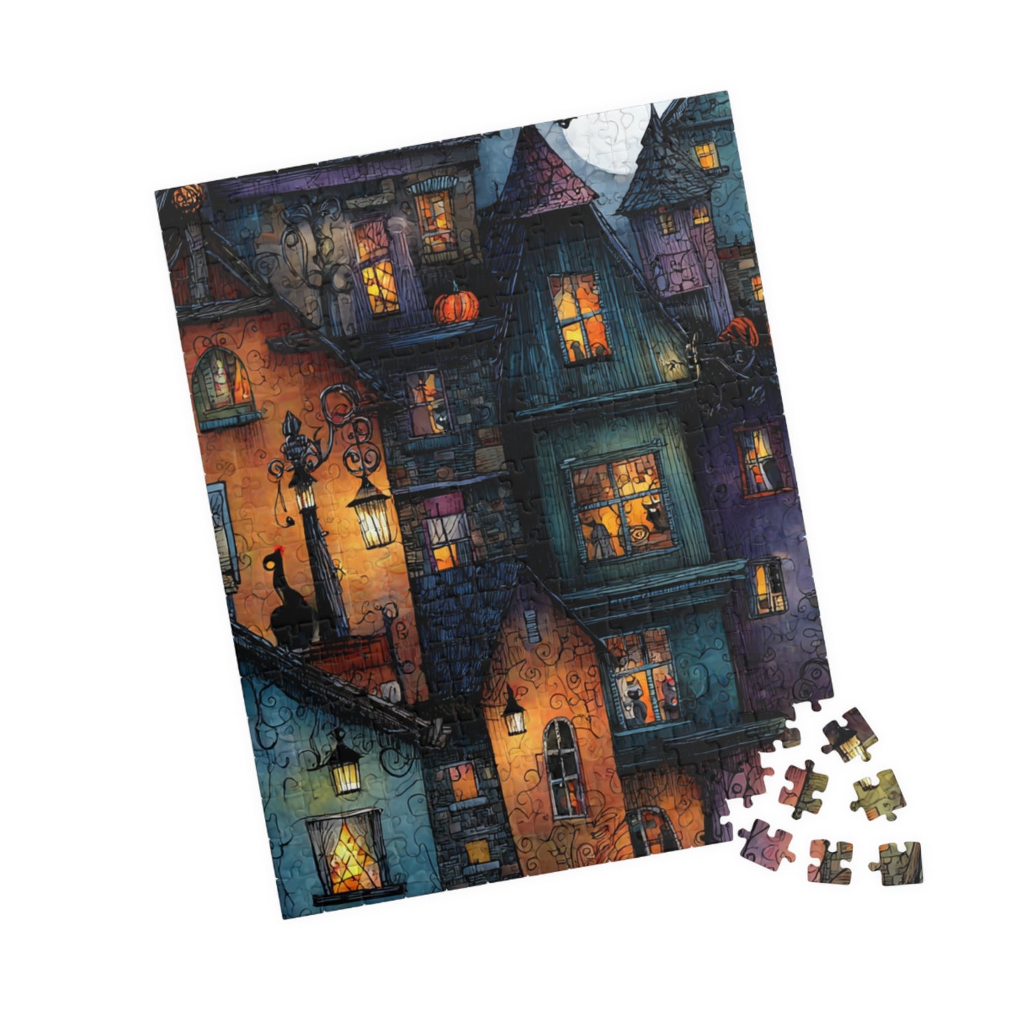 Spookington Village Puzzle Collection, Creepy Halloween Town with Black Cats in Windows, Whimsical & Spooky Jigsaw Halloween Themed Puzzle