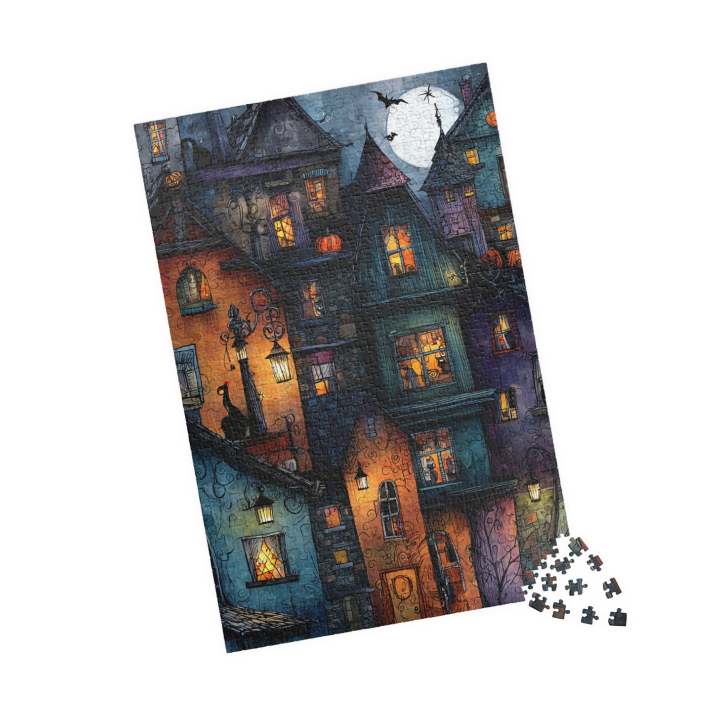 Spookington Village Puzzle Collection, Creepy Halloween Town with Black Cats in Windows, Whimsical & Spooky Jigsaw Halloween Themed Puzzle