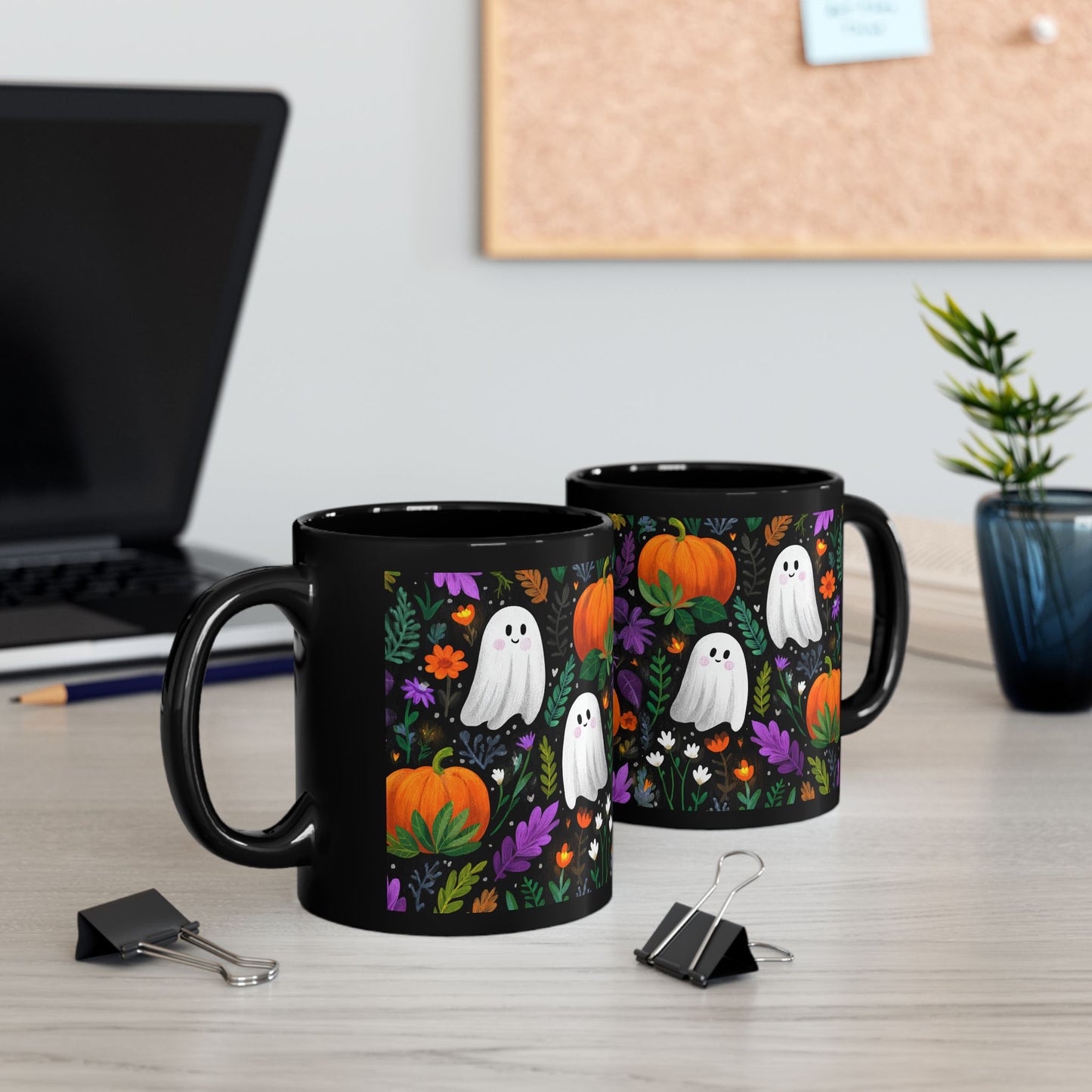 Halloween Black Mug with Cute Ghosts, Pumpkins and Flowers, 11 oz and 15 oz, Fall Decor, Spooky Gift, Autumn Mug, Halloween Celebration