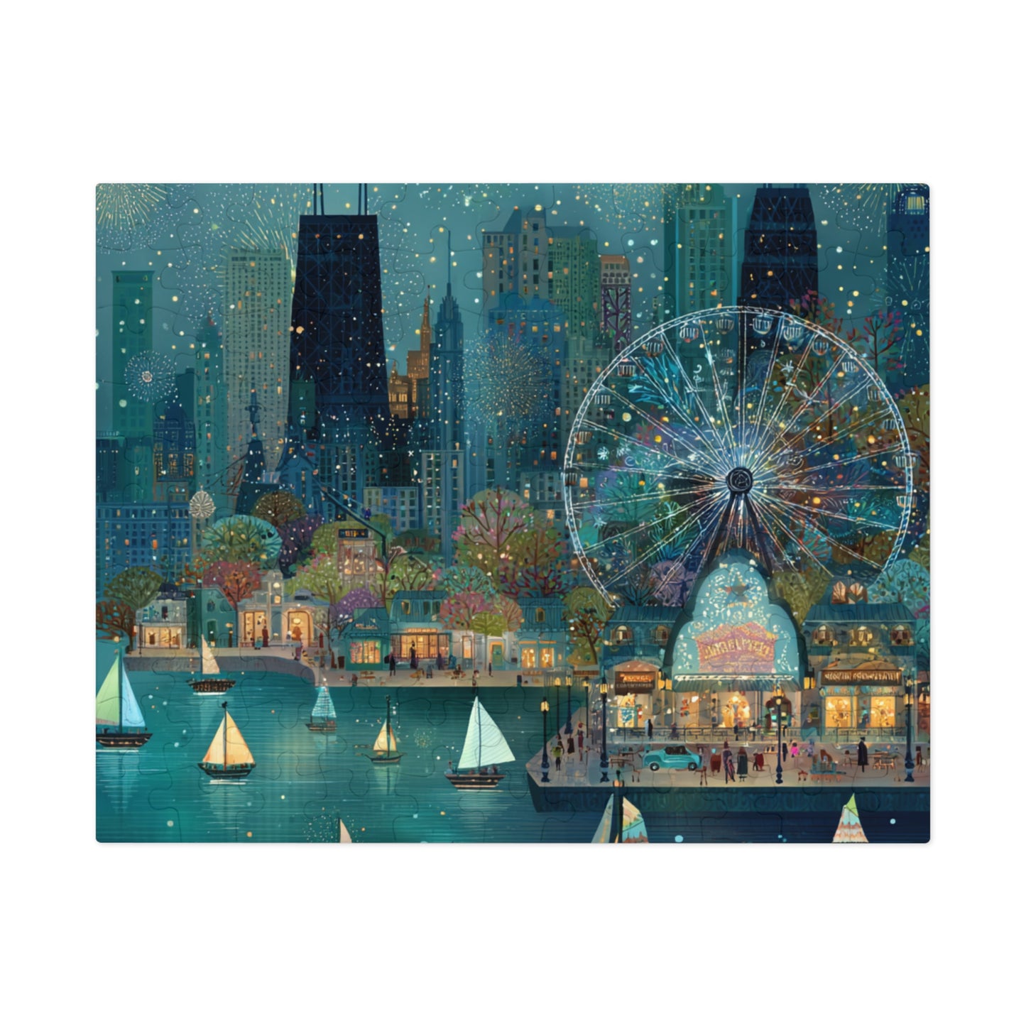 Seattle Waterfront Whimsical Jigsaw Puzzle with Tin