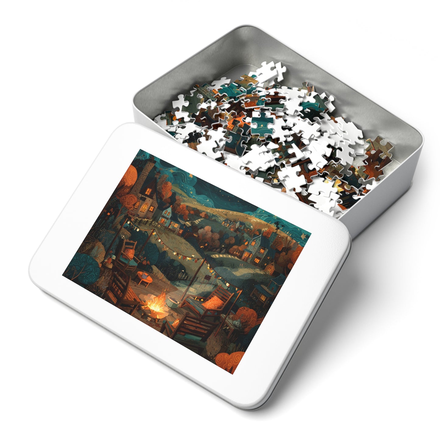 Cozy Campfire Village Jigsaw Puzzle with Tin — 500pc Scenic Nighttime Puzzle