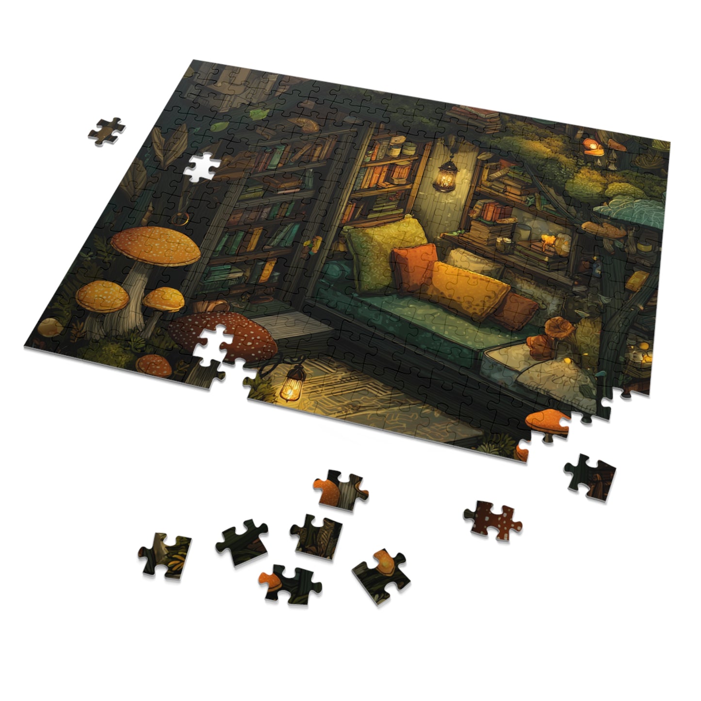 Cozy Mushroom Reading Nook Jigsaw Puzzle with Tin