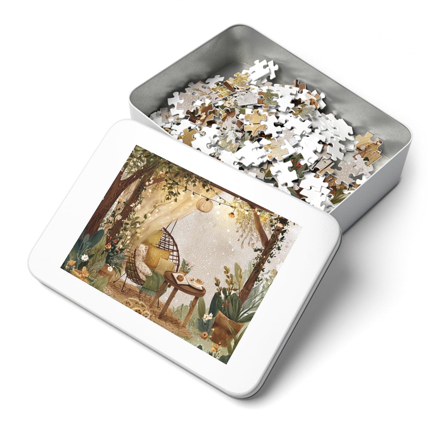 Cozy Garden Retreat Jigsaw Puzzle with Tin – 500-Piece Tranquil Reading Nook Scene
