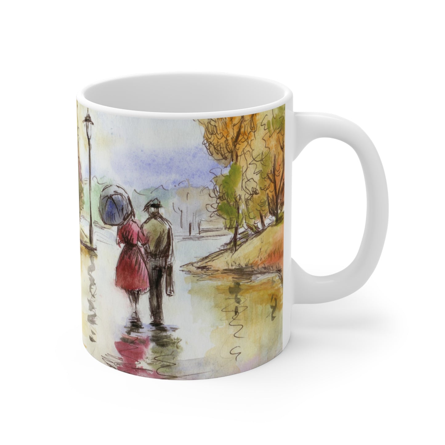 Romantic Autumn Stroll Coffee Mug — 11oz Scenic Park Watercolor Mug
