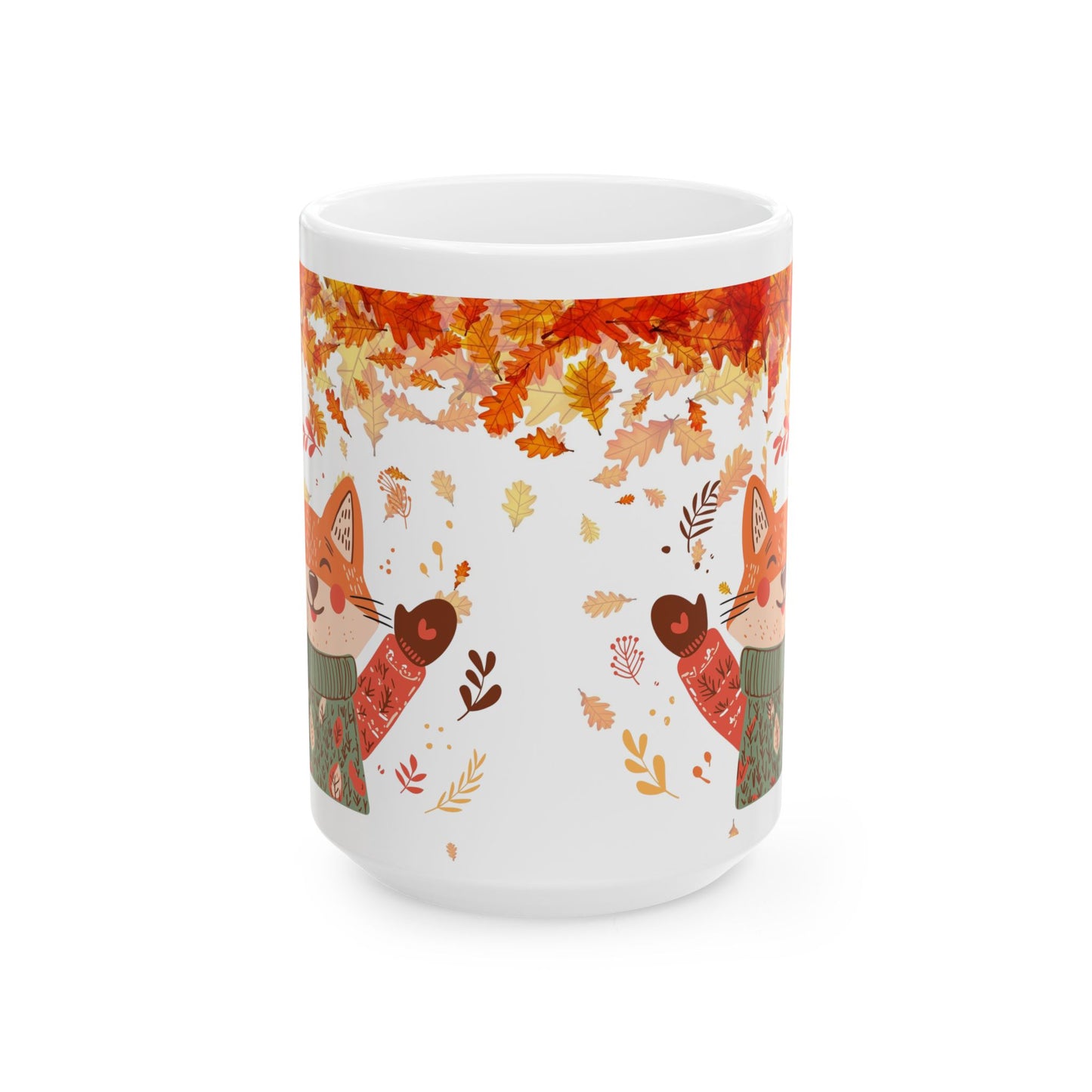 Autumn Fox with Leaves Ceramic Mug, Fall Coffee Mug, Autumn Mug, Thanksgiving Mug, Back to School Mug, Fox Lovers Gift, 11oz and 15 oz mugs