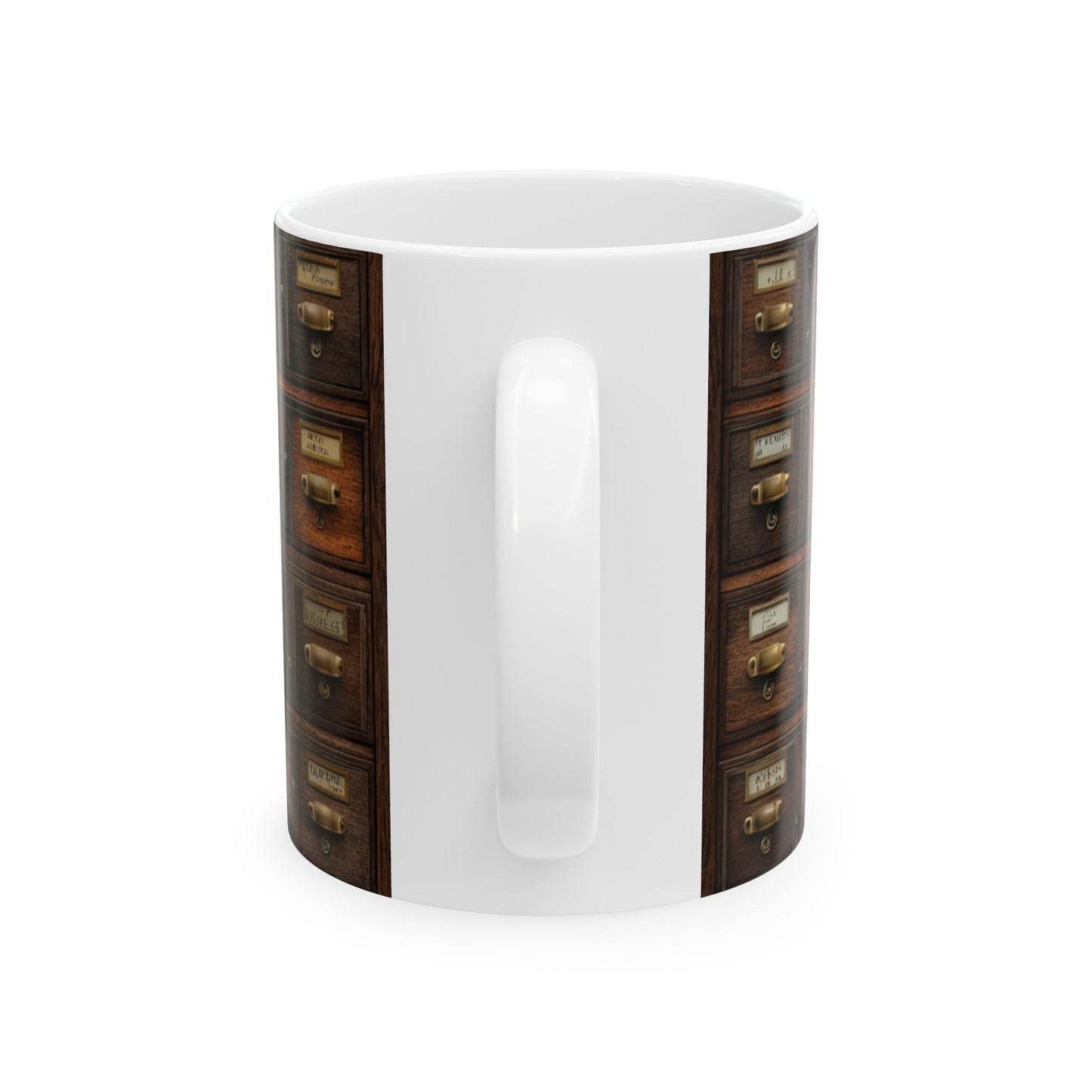 Vintage Library Card Catalog Mug — Antique Wooden Drawer Pattern Ceramic Coffee Cup (11oz/15oz)