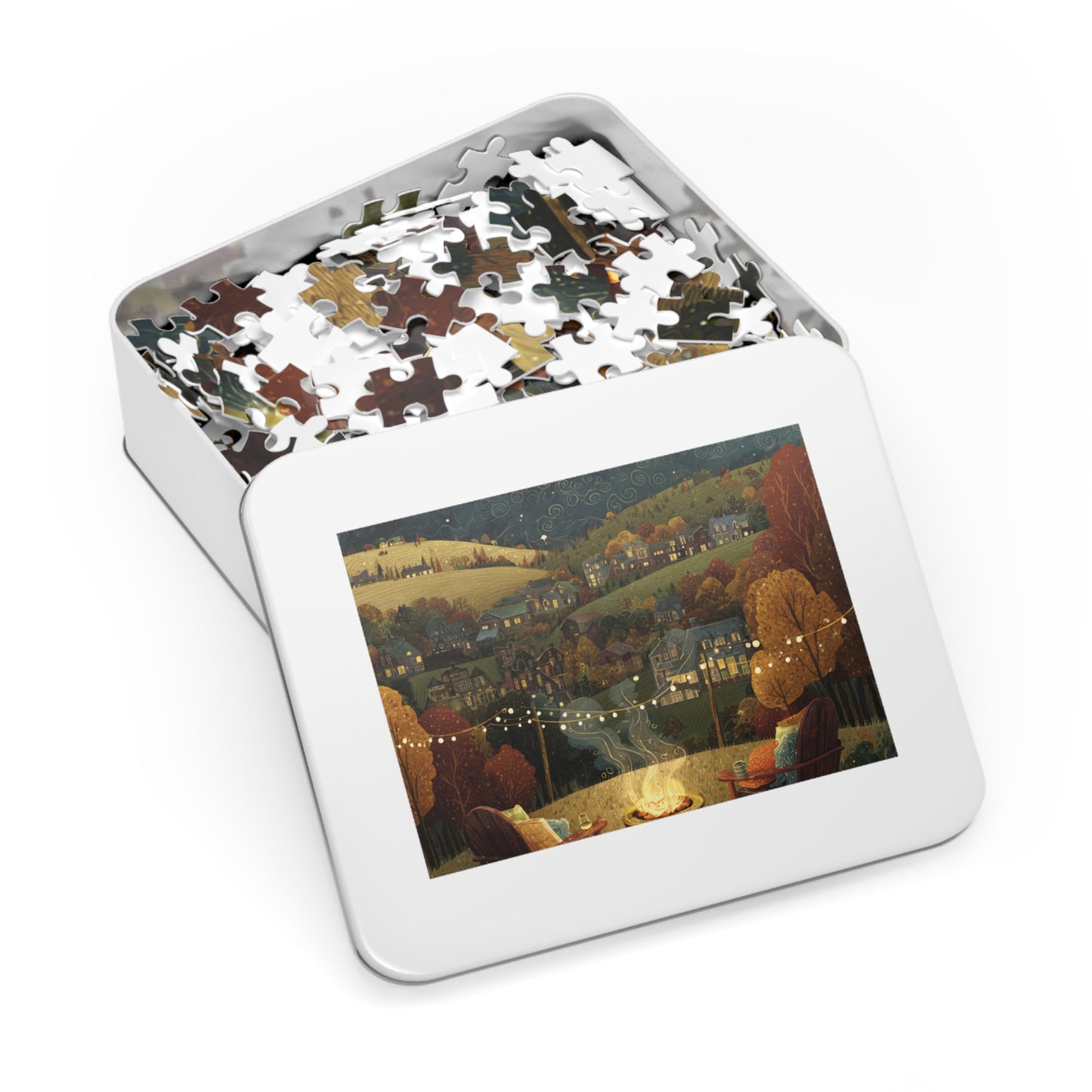 Cozy Hillside Evening Jigsaw Puzzle with Tin — Scenic Campfire Village Puzzle