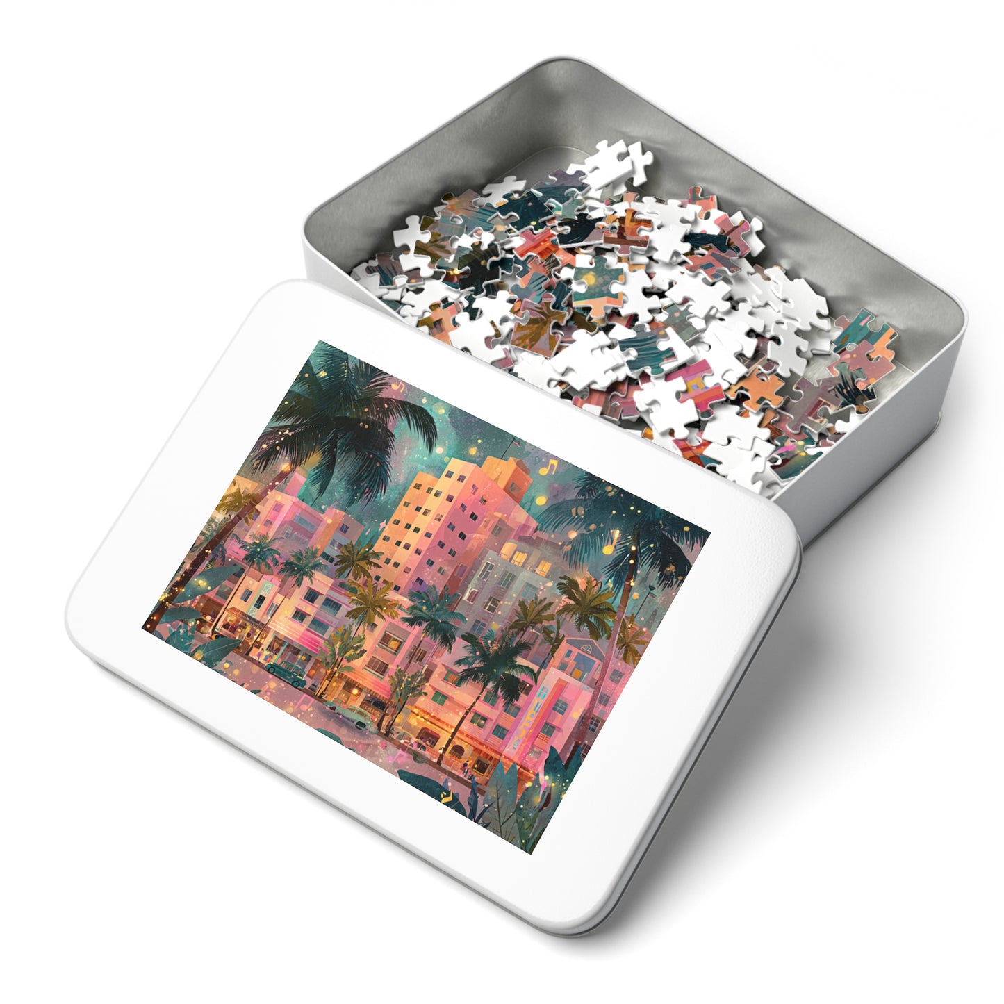 Whimsical Pastel Miami Puzzle – A Dreamy Tropical Escape-Jigsaw Puzzle with Tin