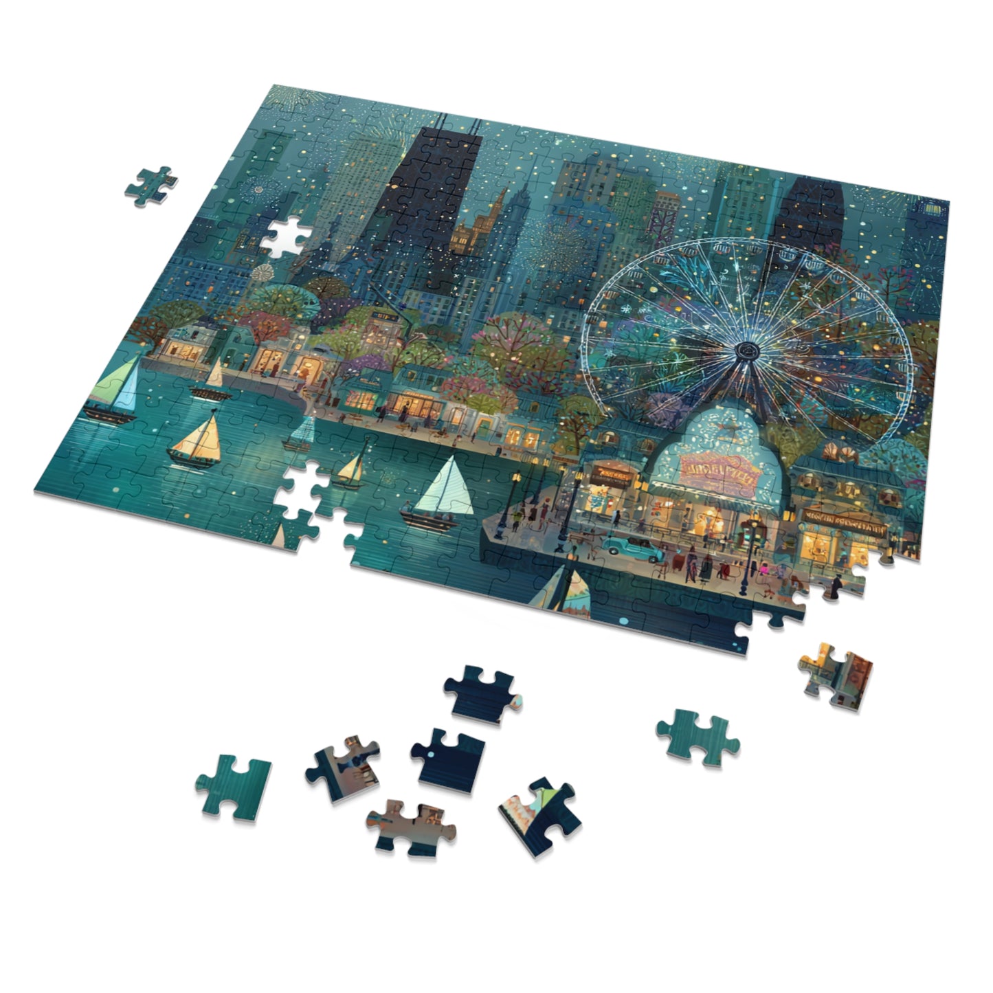 Seattle Waterfront Whimsical Jigsaw Puzzle with Tin
