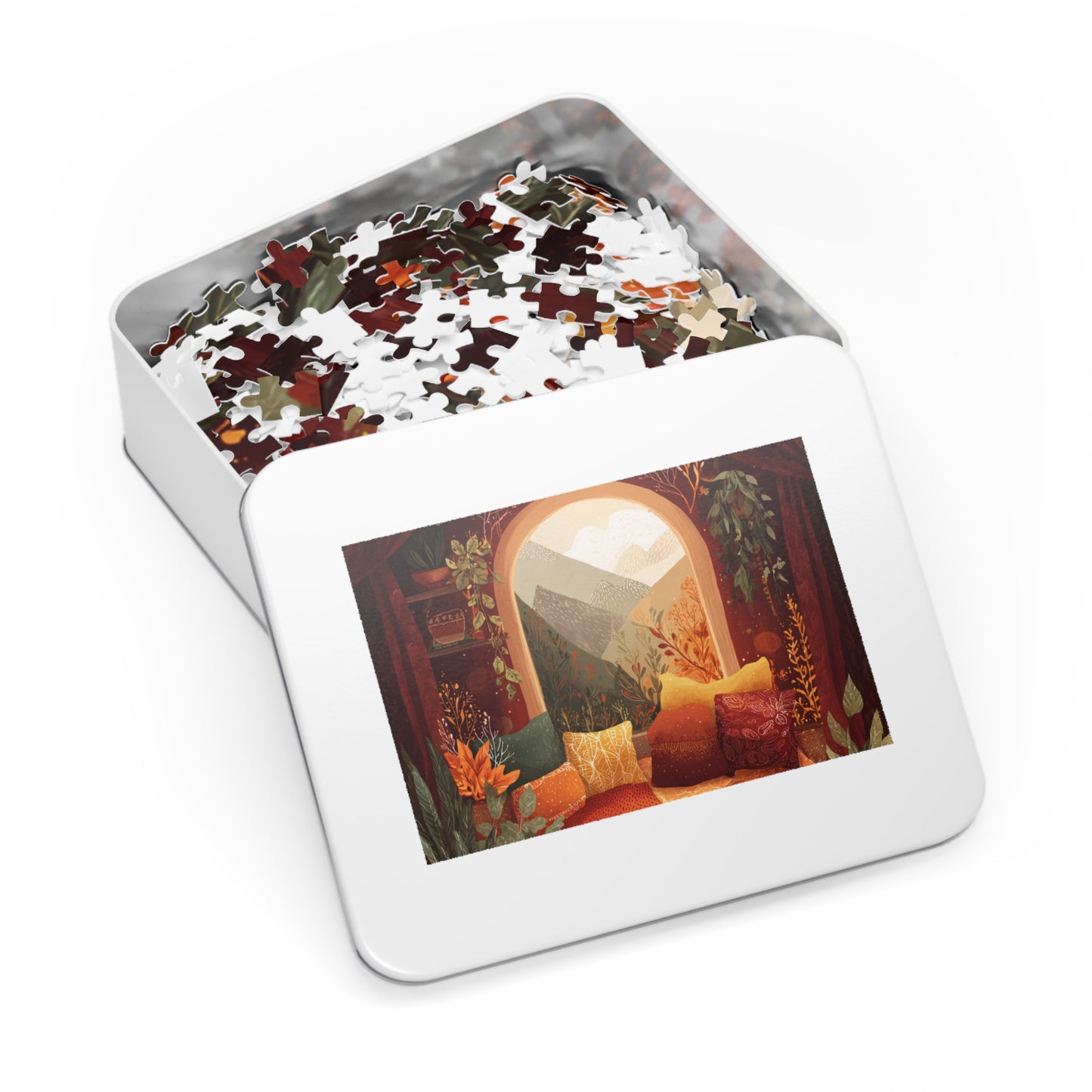 Cozy Window View Jigsaw Puzzle with Tin – Autumn Cabin Scenic Puzzle