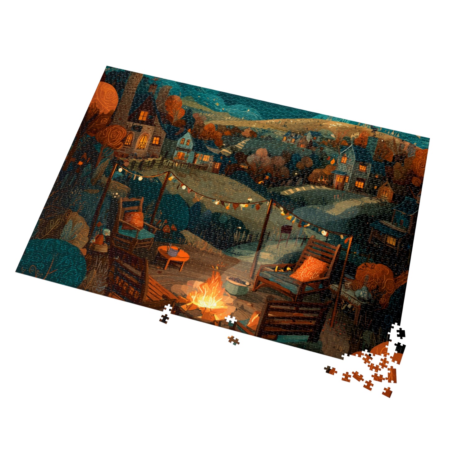 Cozy Campfire Village Jigsaw Puzzle with Tin — 500pc Scenic Nighttime Puzzle