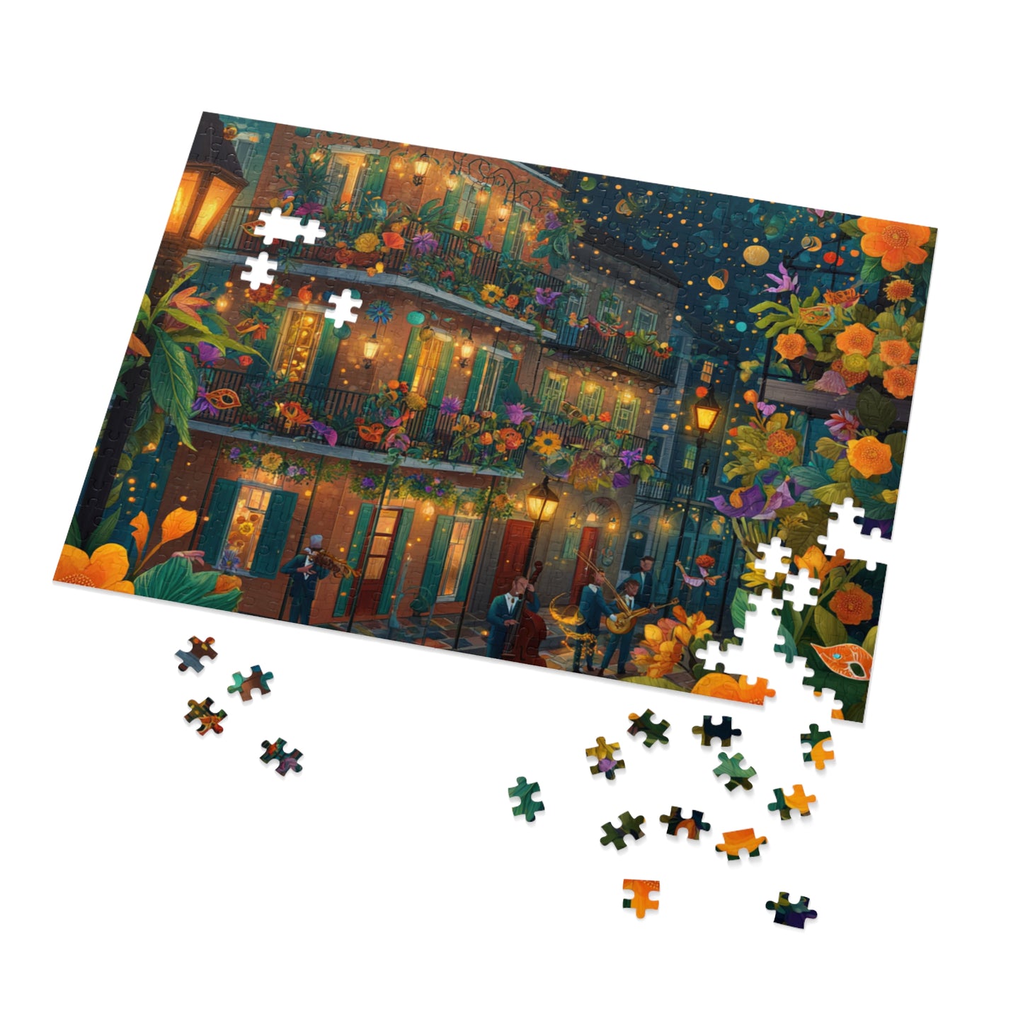 Whimsical New Orleans Jazz Puzzle – A Colorful Night in the Crescent City Jigsaw Puzzle with Tin
