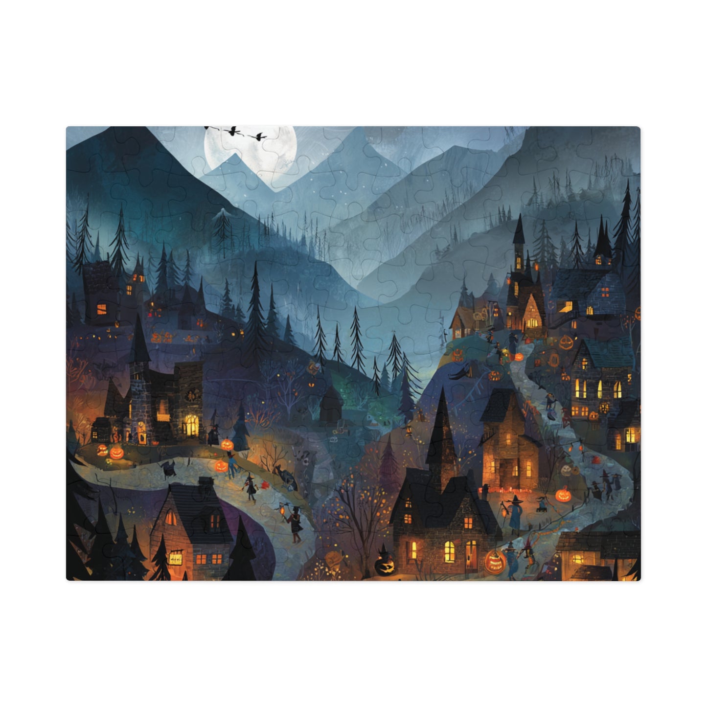 Haunted Mountain Town Puzzle, Spooky Halloween Streets and Eerie Nightscape Jigsaw Puzzle with Tin, Halloween Puzzle