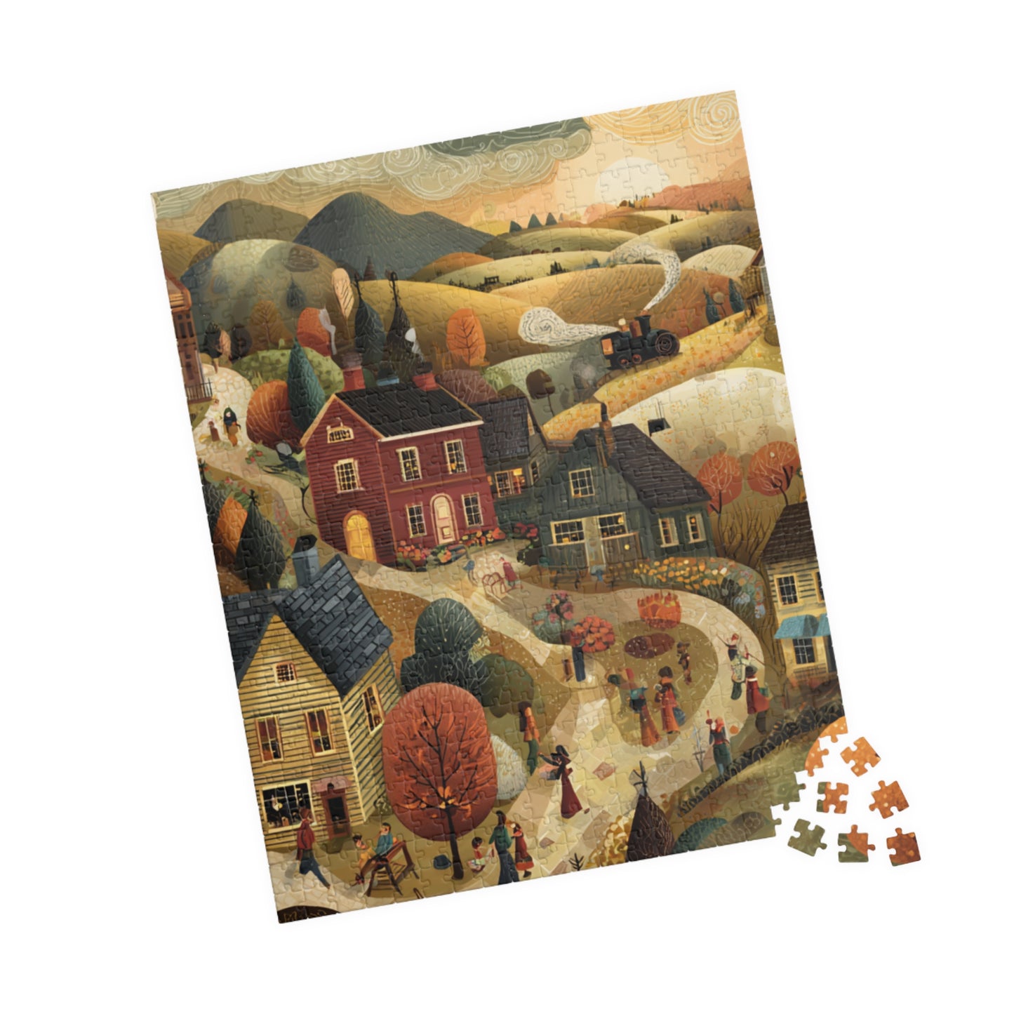 Golden Harvest Lane Puzzle | Cozy Autumn Village Scene | Fall Countryside Jigsaw Gift | Jazz N’ Coffee Puzzles