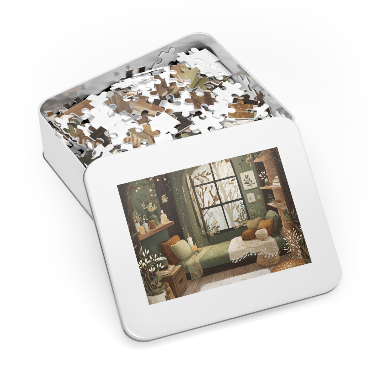 Cozy Green Living Room Reading Nook Jigsaw Puzzle (with Tin)
