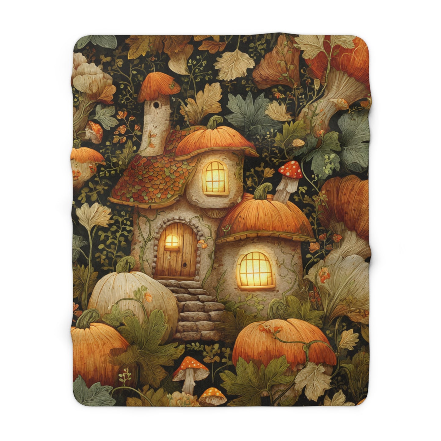 Autumn Gnome Houses Sherpa Fleece Blanket | Cozy Fall Throw | Whimsical Home Decor | Seasonal Home Accent | Fall Gnome Village Design