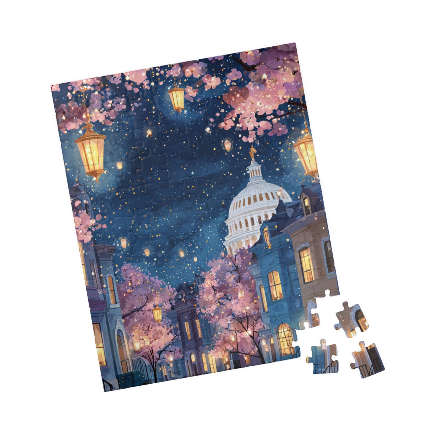 Cherry Blossom Night Skyline Puzzle — Washington Capitol Evening Jigsaw (110–1014 pcs)