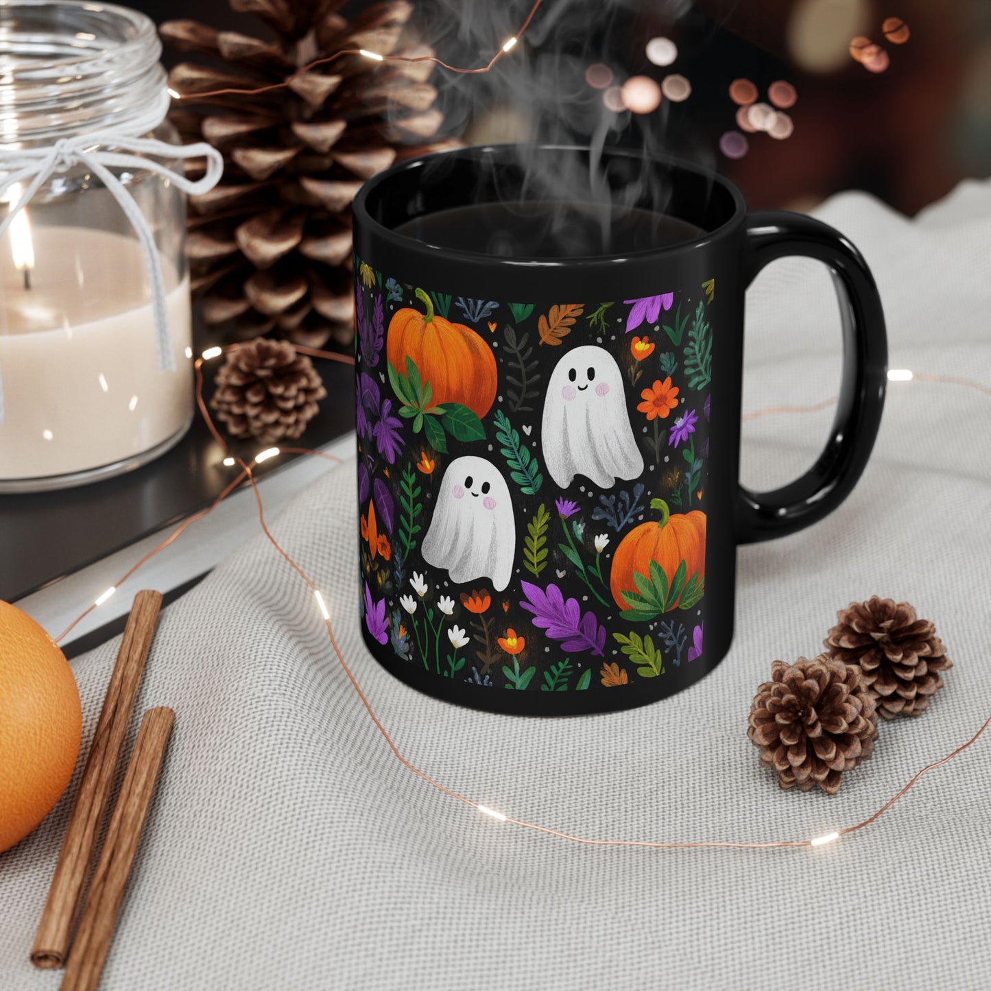 Halloween Black Mug with Cute Ghosts, Pumpkins and Flowers, 11 oz and 15 oz, Fall Decor, Spooky Gift, Autumn Mug, Halloween Celebration