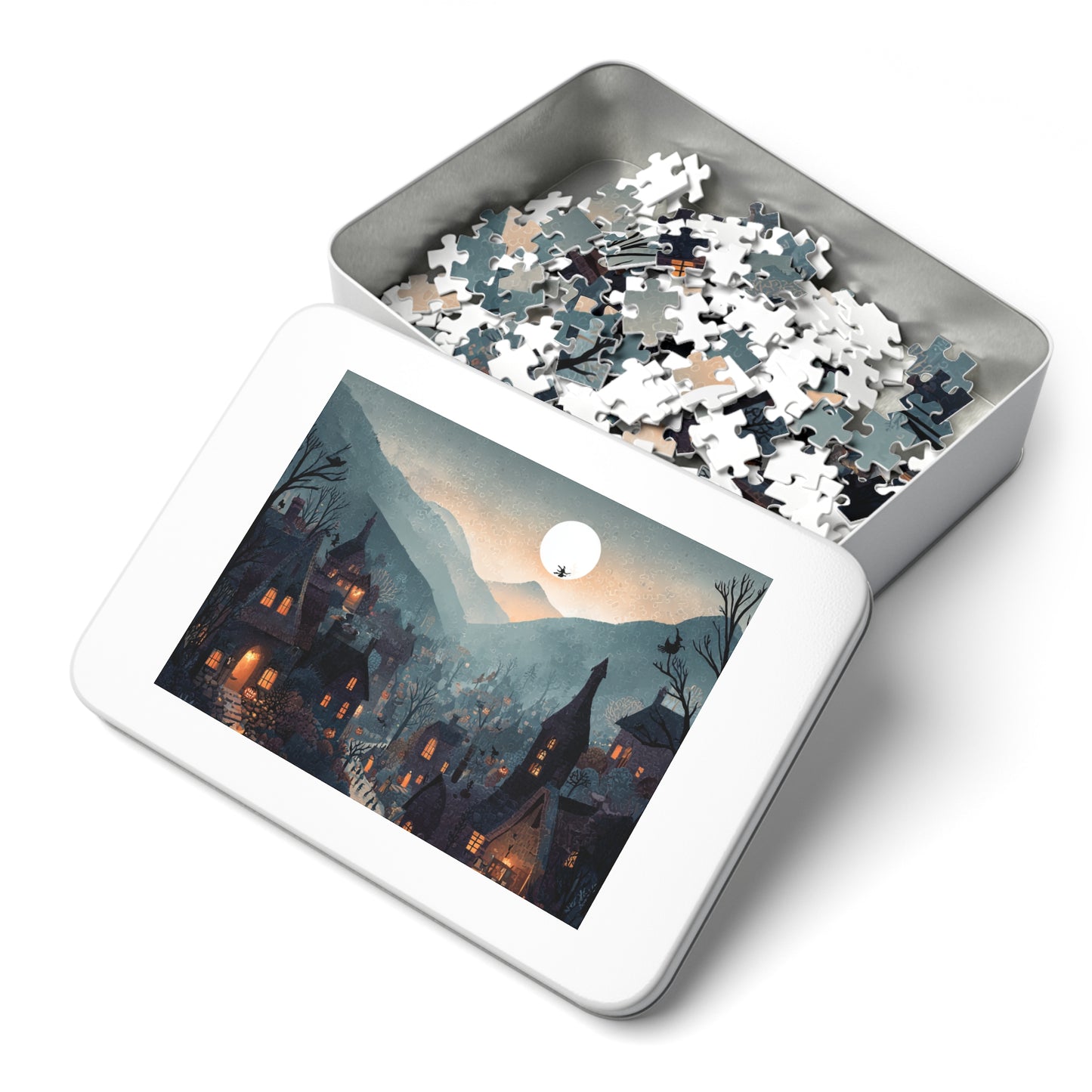 Witchs Coven Village Puzzle, Spooky Halloween Homes, Puzzle with Tin, Halloween Puzzle