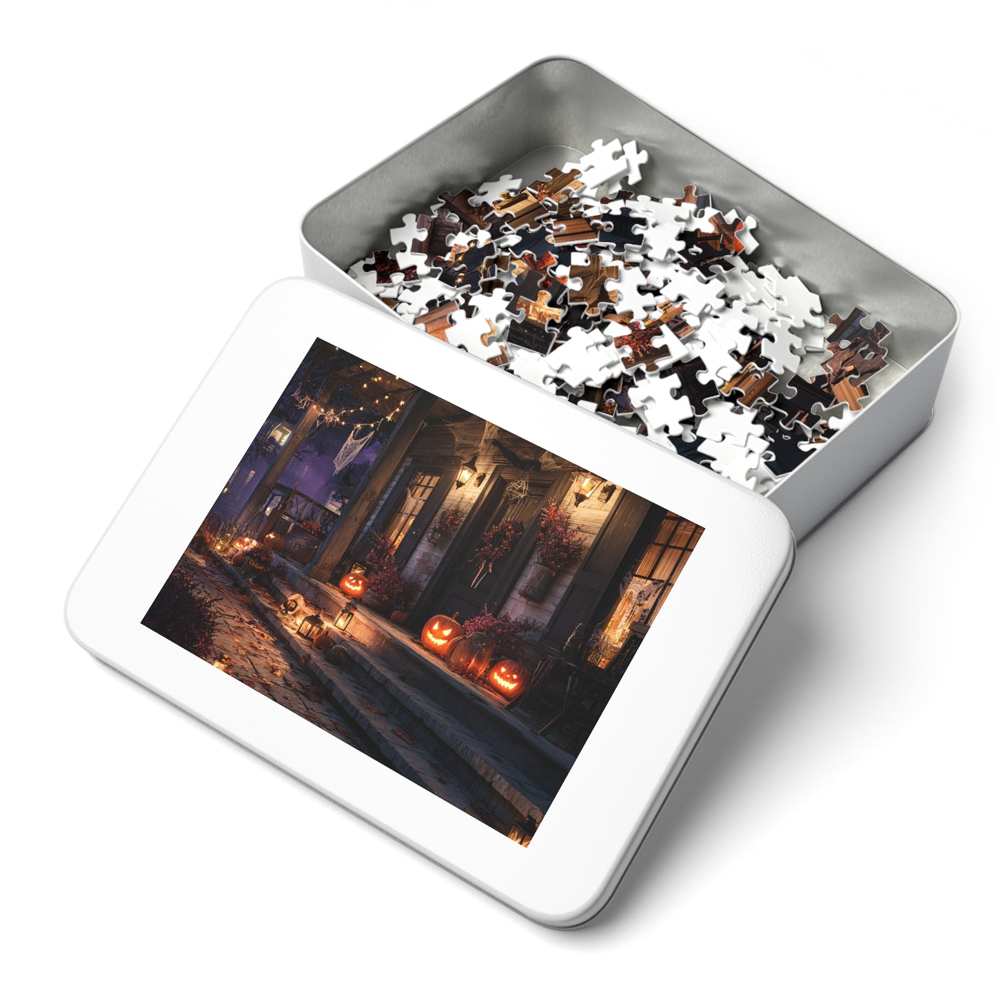 Haunted Halloween Porch Puzzle with Tin, 30, 110, 252, 500, 1000 and 2000-piece variations, Puzzle for Halloween Lovers