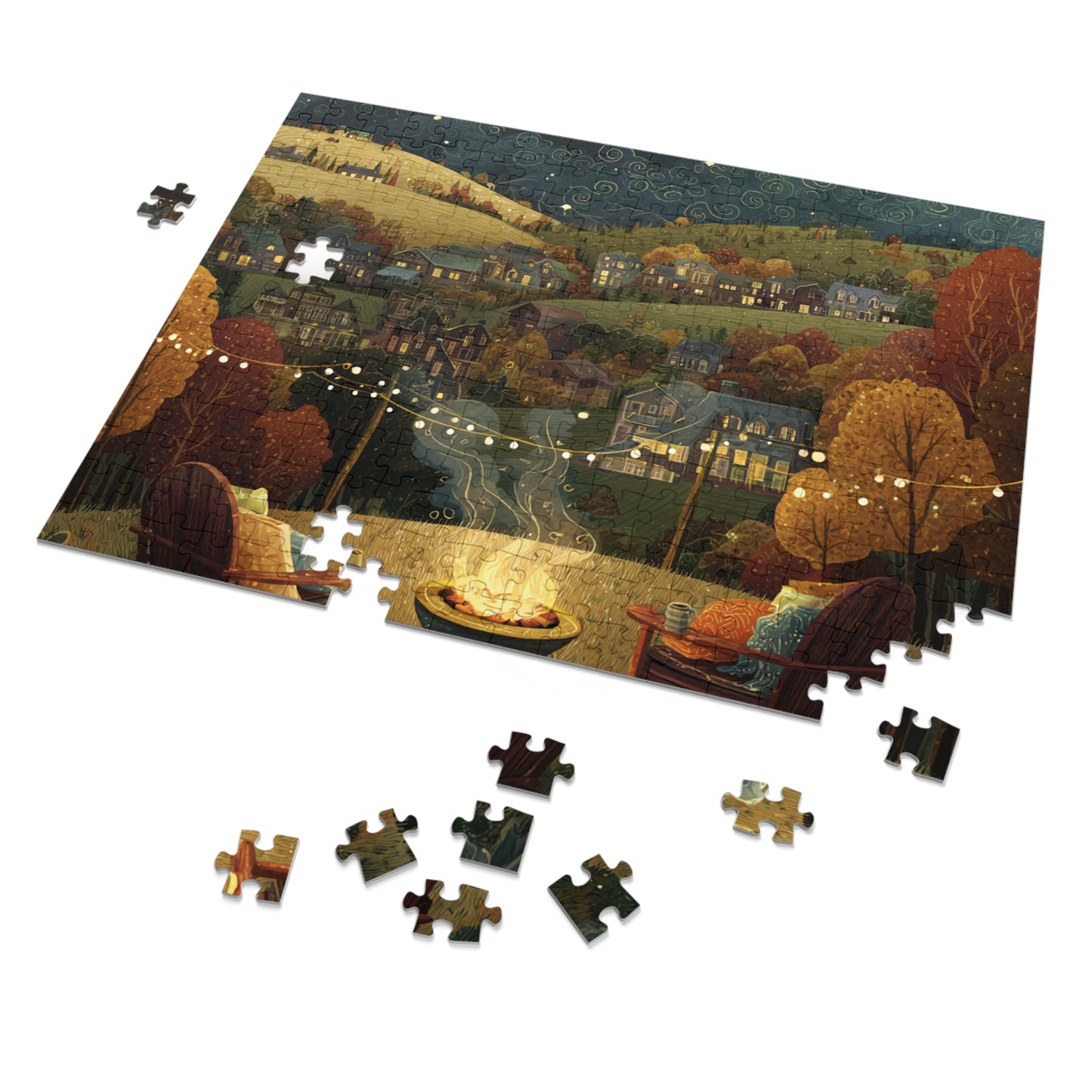 Cozy Hillside Evening Jigsaw Puzzle with Tin — Scenic Campfire Village Puzzle