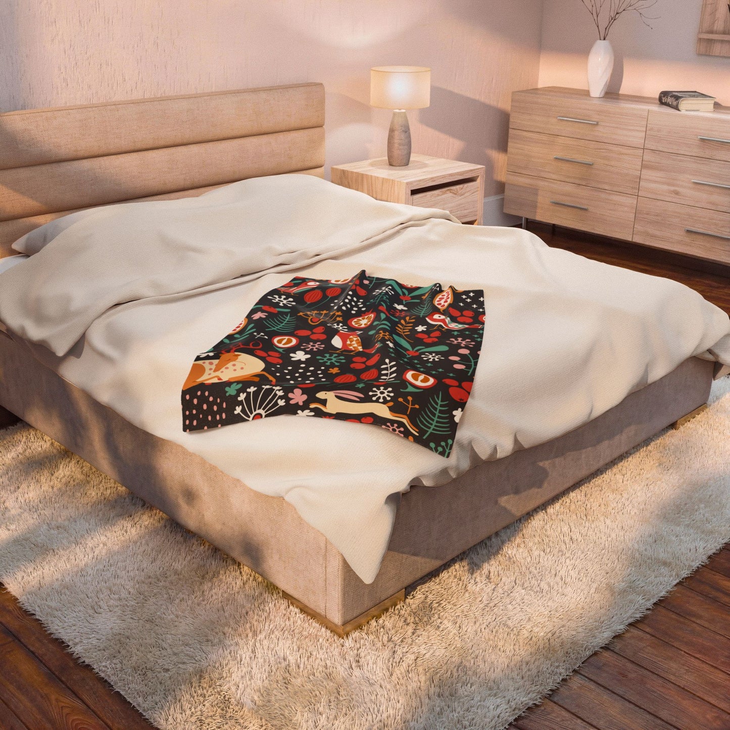 Velveteen Plush Blanket — Whimsical Forest Animals & Berries Throw