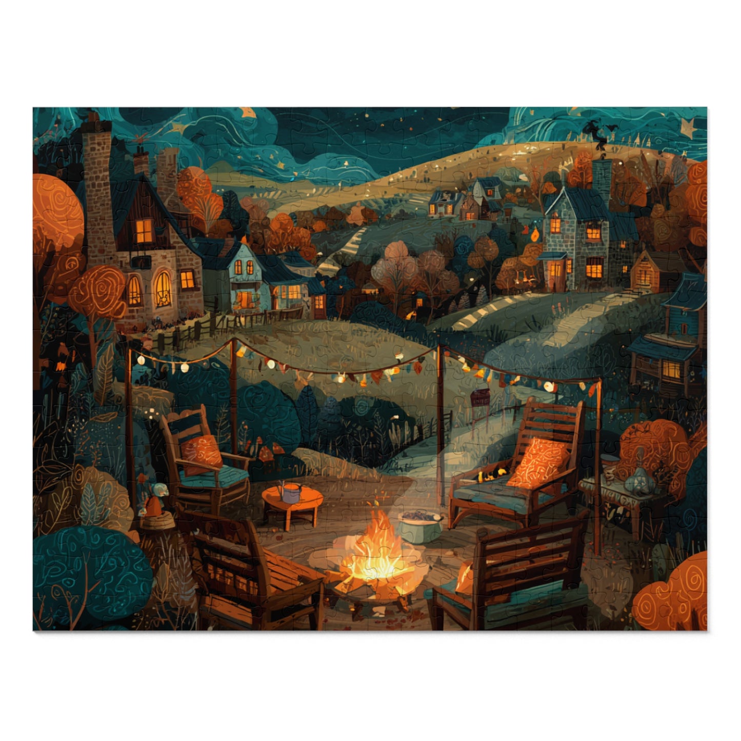 Cozy Campfire Village Jigsaw Puzzle with Tin — 500pc Scenic Nighttime Puzzle