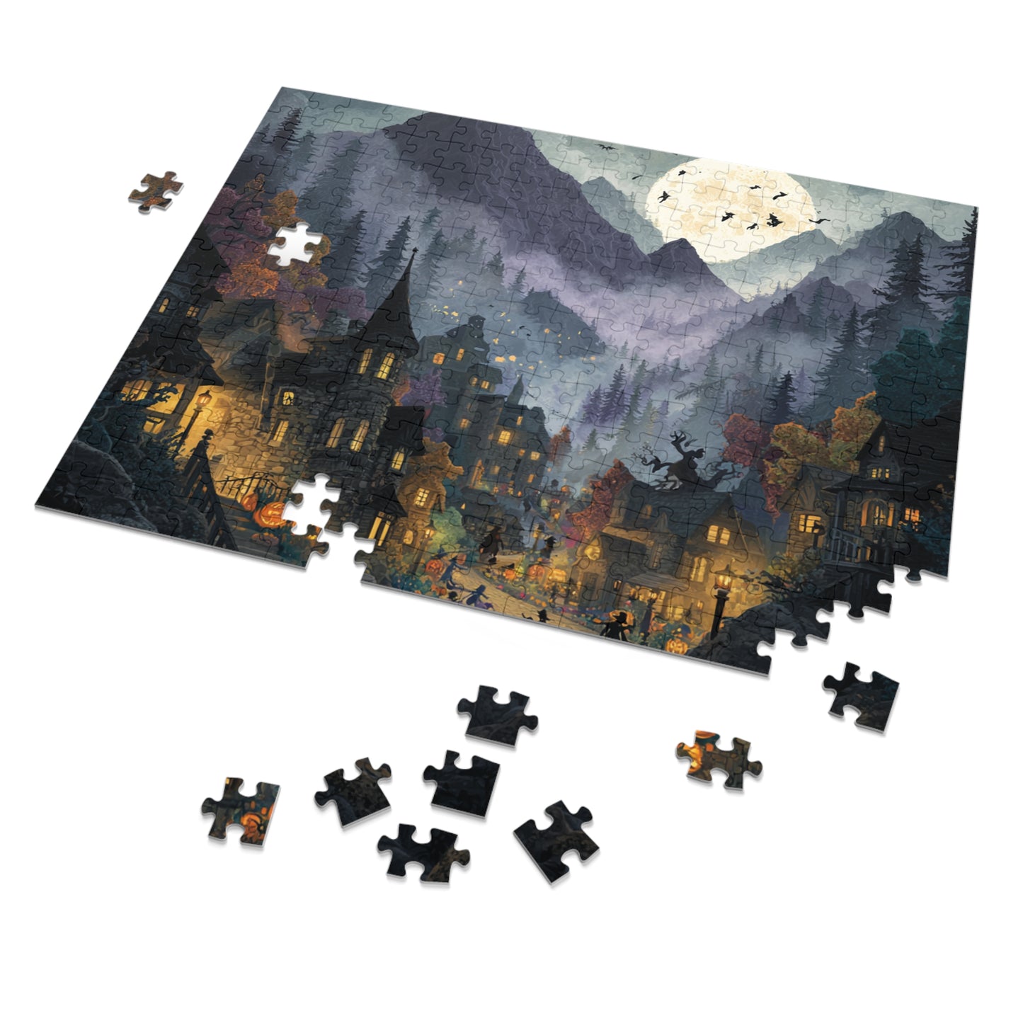 Spookington Village Puzzle Collection,  Spookington Village on Old Hallows Eve with Tin, Halloween Puzzle