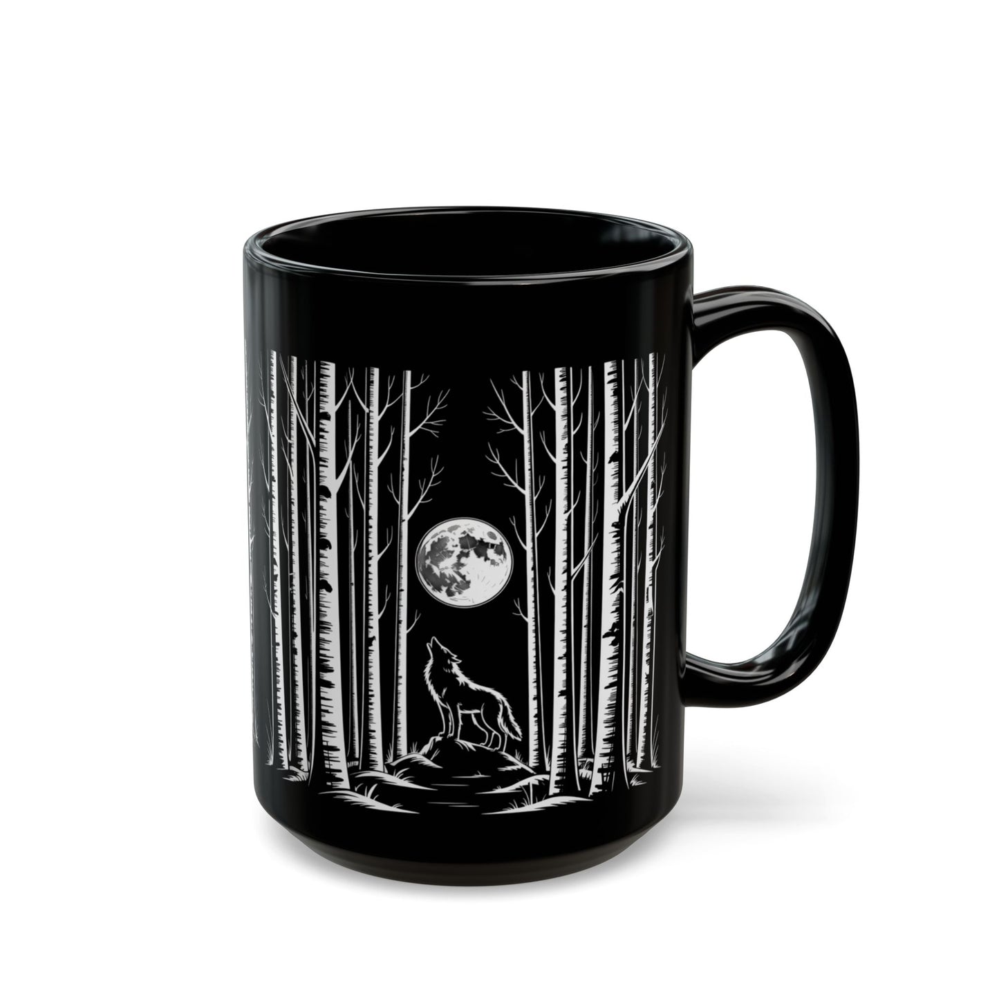 Wolf Howling at the Moon Forest Mug — Black Ceramic Coffee Cup (11oz, 15oz)